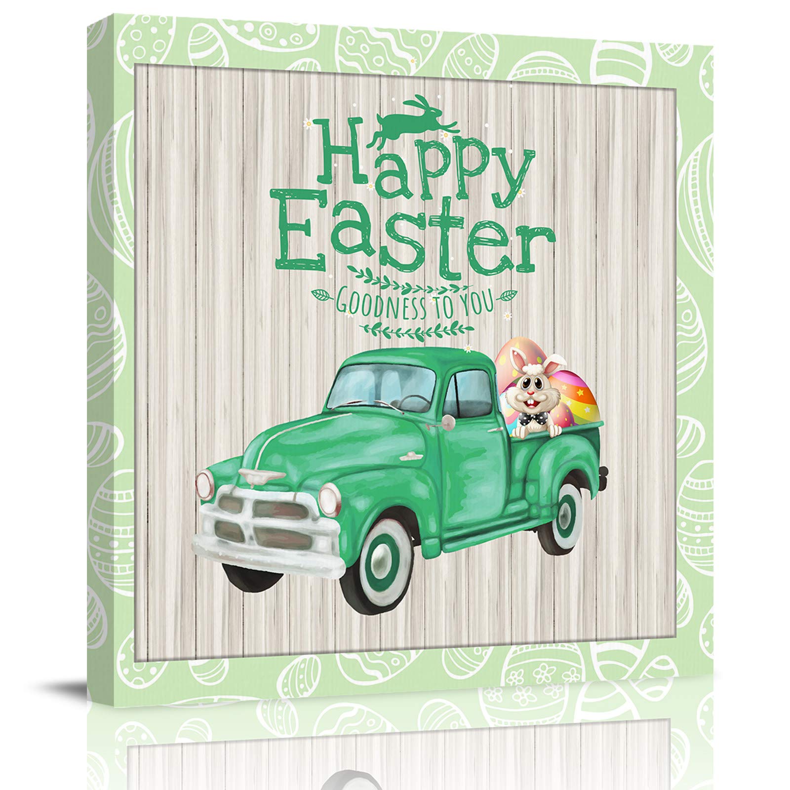 Easter Bunny Green Truck Canvas Wall Art - Rustic Wood Border Home Decor, 28x28 Inch Farmhouse Style Painting for Living Room, Bedroom & Nursery - Perfect for Spring Decor and Holiday Gifting