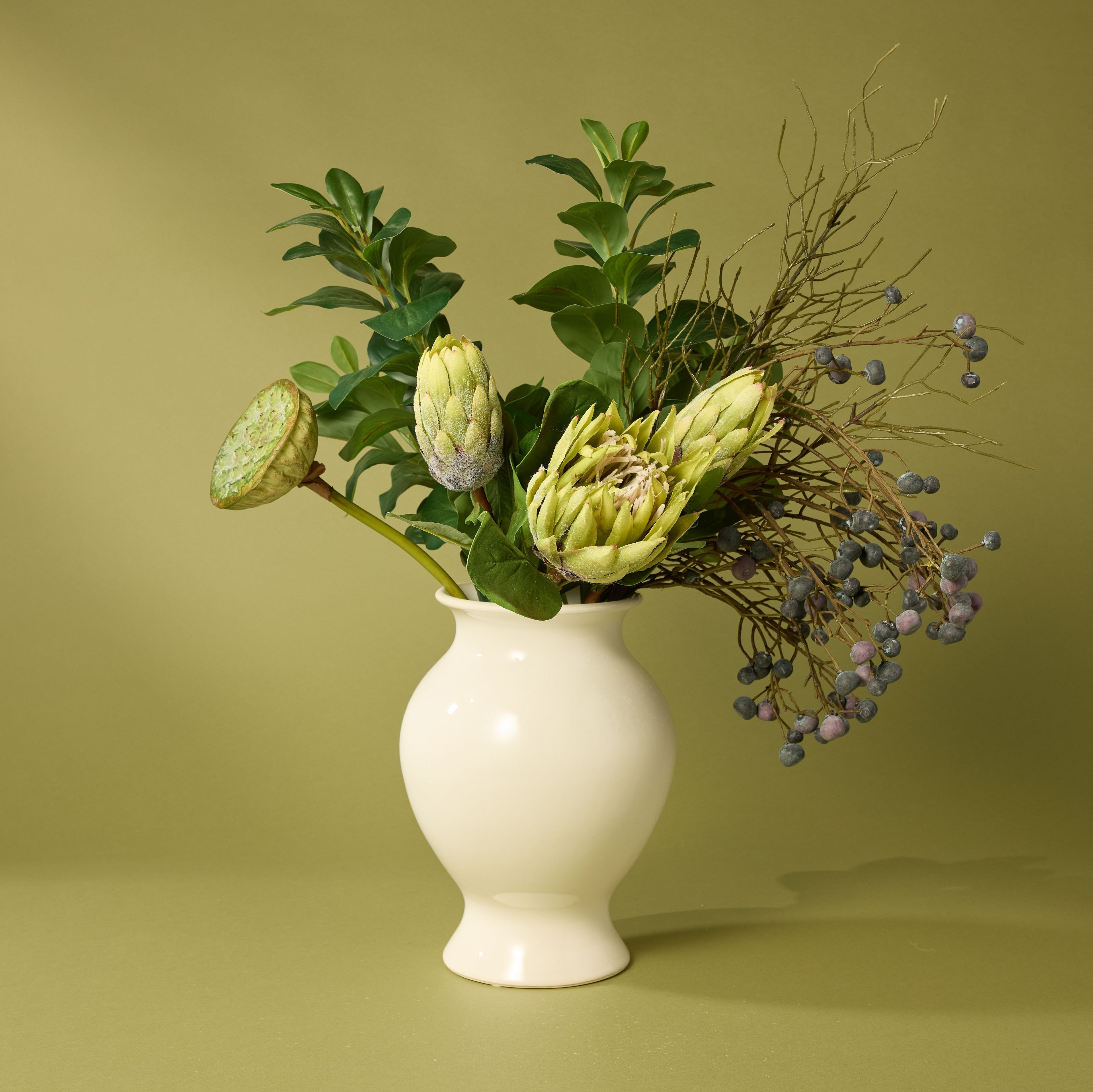 Artificial King Protea Stem | Green | 60cm | Realistic Fake Flower for Home Decor, Wedding Centerpieces, and Floral Arrangements