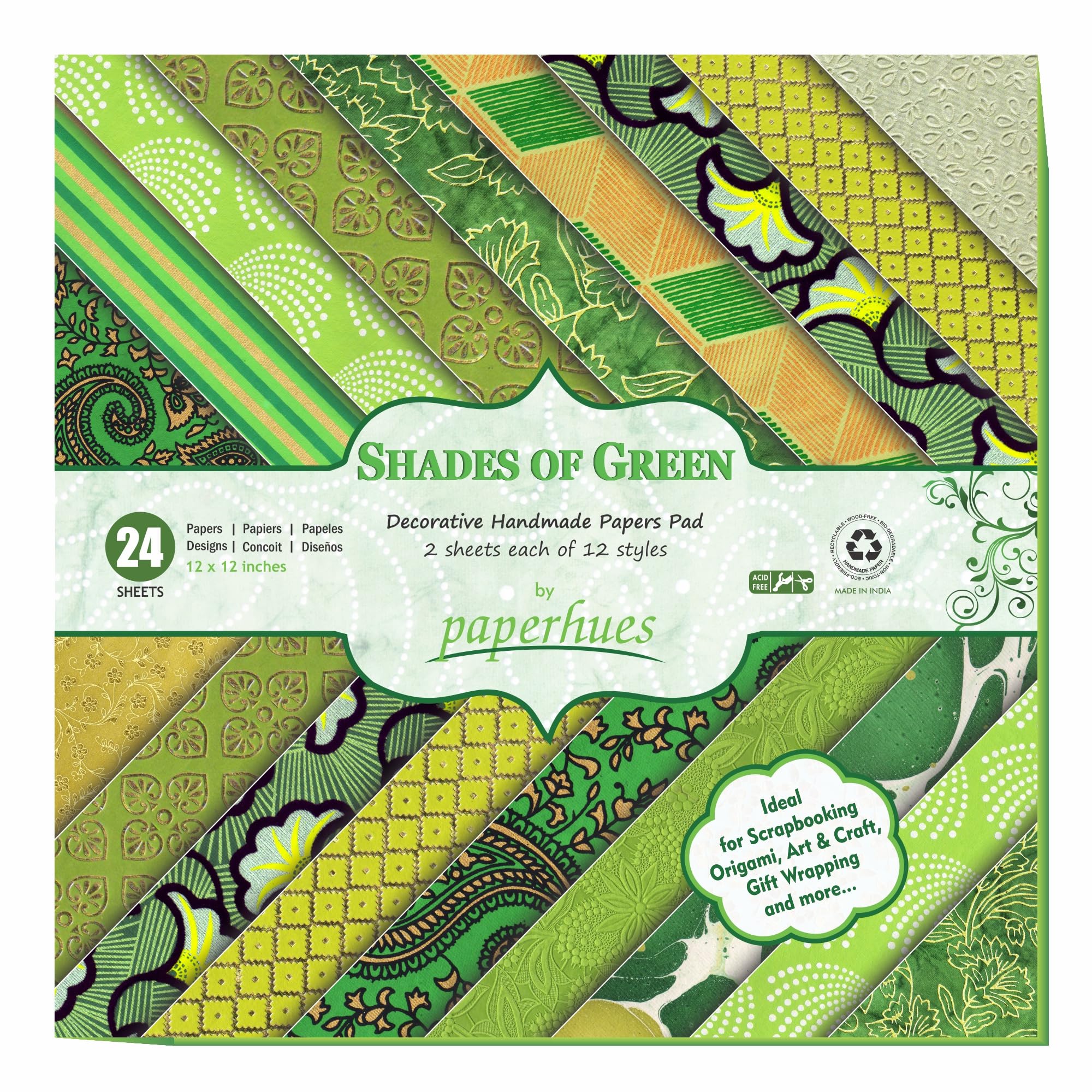 Shades of Green Handmade Scrapbook Paper 12x12 Inch Pad - 24 Sheets (12 Unique Designs) for DIY Crafts, Scrapbooking & Card Making | Premium Quality Acid-Free Paper