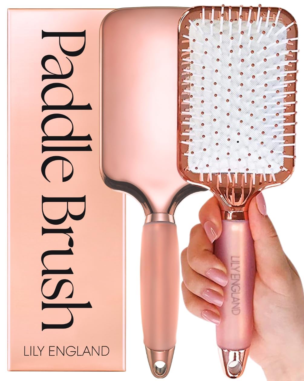 **Lily England Professional Hair Brush for Women - Detangling Paddle Brush for Blow Drying, Straightening & Styling All Hair Types - Rose Gold Flat Hairbrush with Non-Slip Gel Handle (Perfect for Home, Salon & Travel Use)**