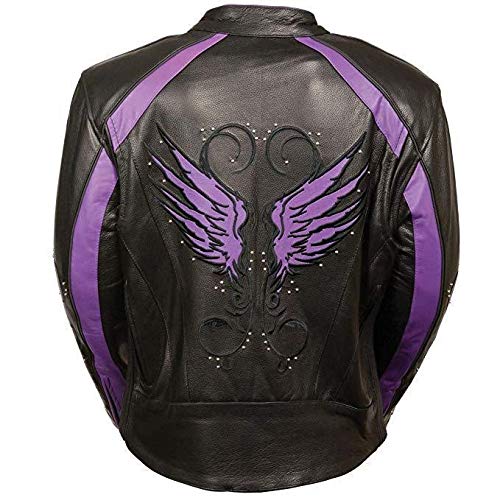 Milwaukee Women's Embroidered Wing & Stud Design Leather Jacket ML1952 - Black/Purple Biker Jacket for Motorcycle Riding & Fashion Outfits
