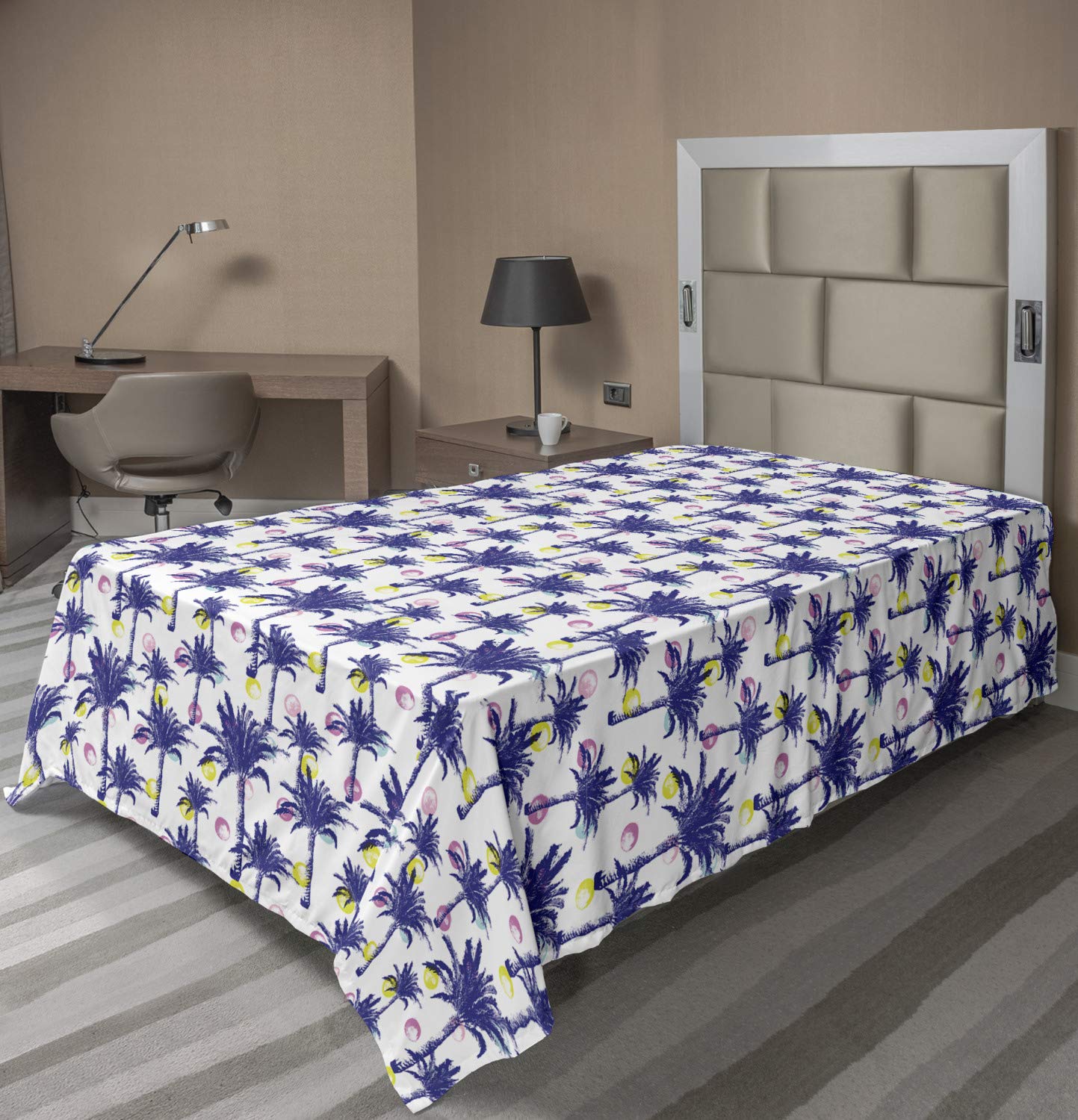 Ambesonne Abstract Tropical Palm Tree Brushstroke Flat Sheet - Soft, Comfortable Twin Size Bedding in Dark Lavender Multicolor - Perfect for Beach Themed Bedrooms, Guest Rooms & Vacation Homes
