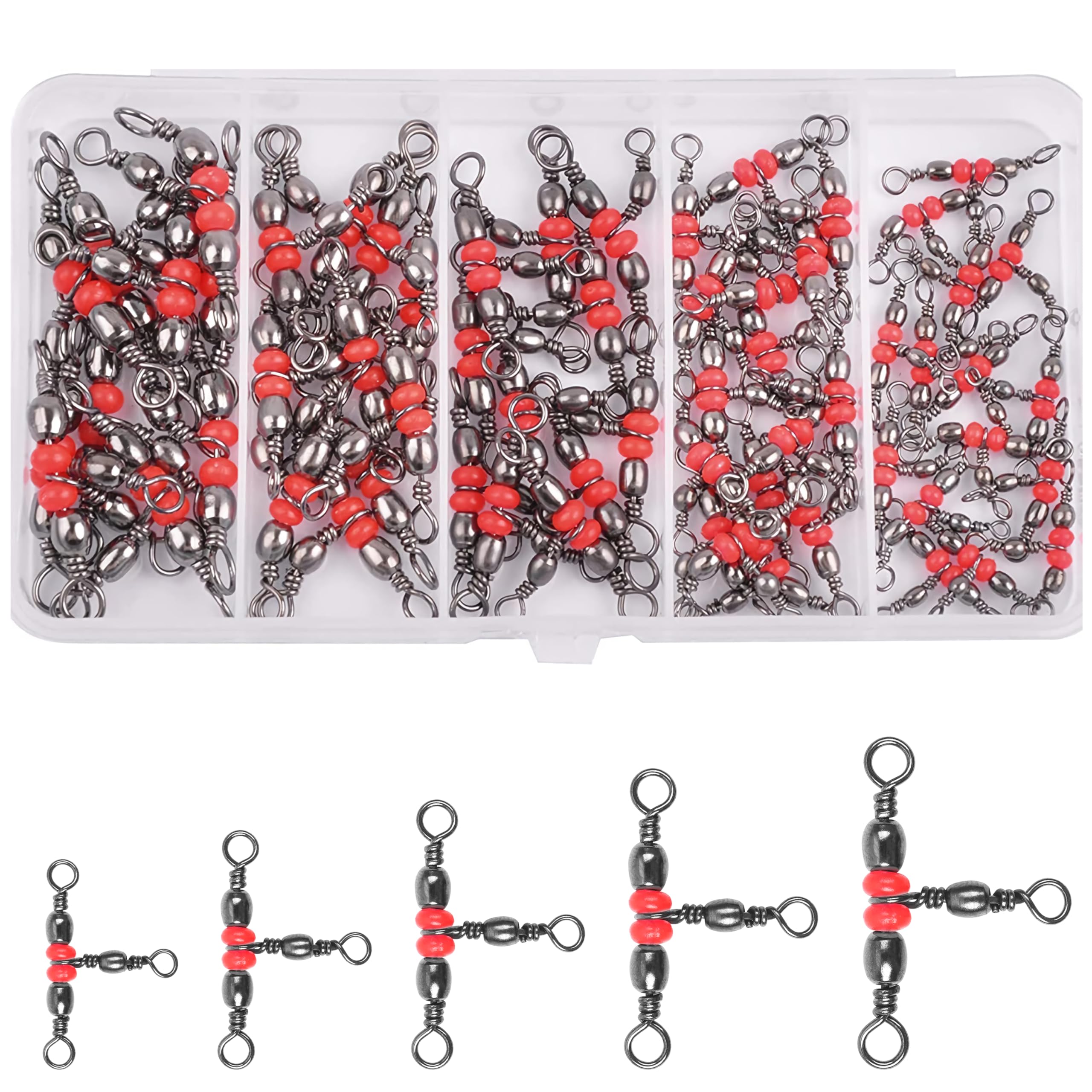 50Pcs 3-Way Fishing Barrel Swivels Set - Triple T-Turn Cross Line Swivel Connectors for Lure & Tackle - Durable Fishing Gear Accessories with Storage Box - Perfect for Saltwater, Freshwater & Ice Fishing