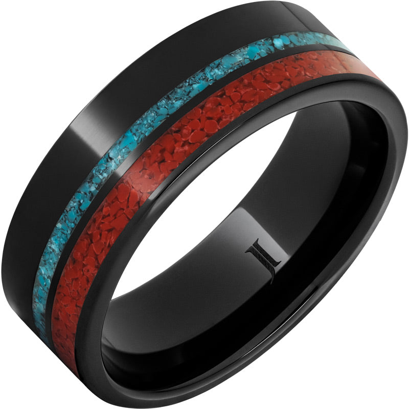 Black Diamond Ceramic Ring with Coral & Turquoise Inlays - Elegant Jewelry for Women, Wedding, Anniversary & Special Occasion Gifts