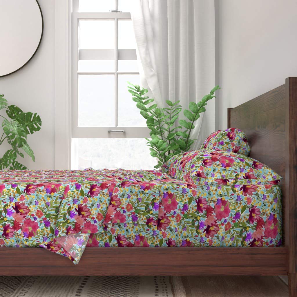 100% Cotton Twin Sheet Set 3pc - Watercolor Floral Print with Roses, Daffodils & Ferns | Custom Bedding for Spring & Summer Decor | Soft Breathable Sheets for Home, Guest Room & Dorm
