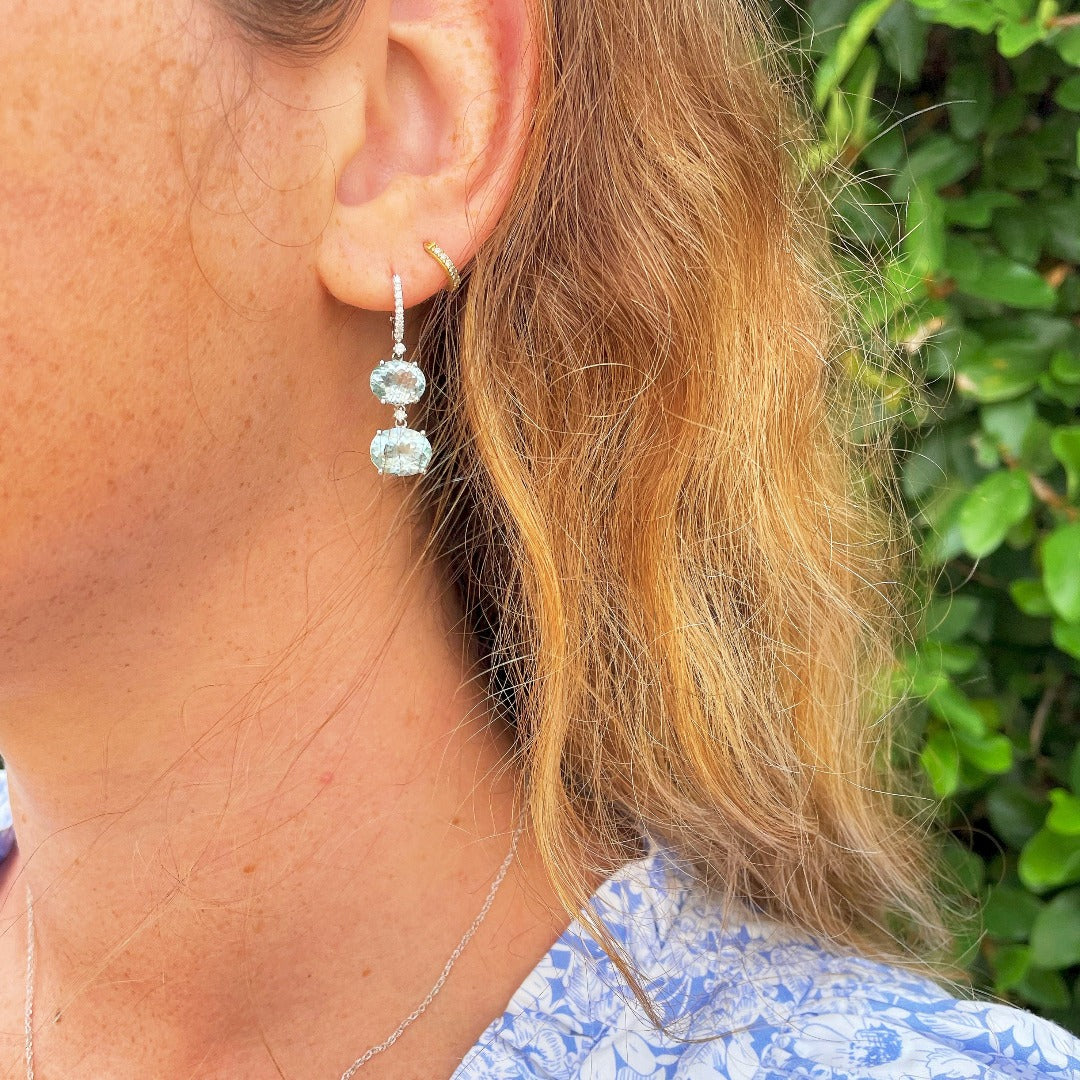 14K White Gold Aquamarine & Diamond Double Drop Earrings – Elegant Dangling Jewelry for Weddings, Parties & Special Occasions