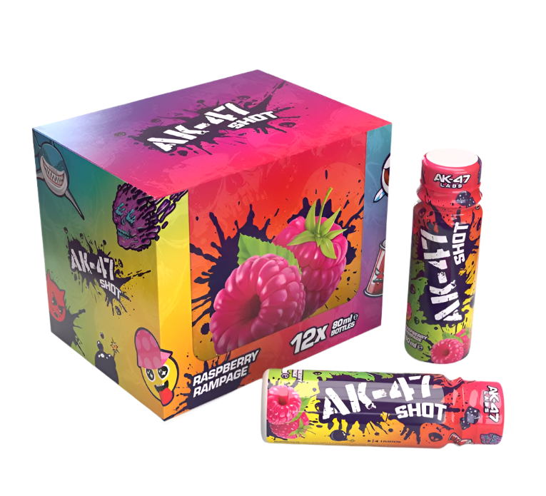 AK 47 Labs Shots 12x80ml Raspberry Rampage Energy Drink - Boost Focus & Performance for Gamers, Athletes & Nightlife | Perfect for Gaming Sessions, Workouts & Parties