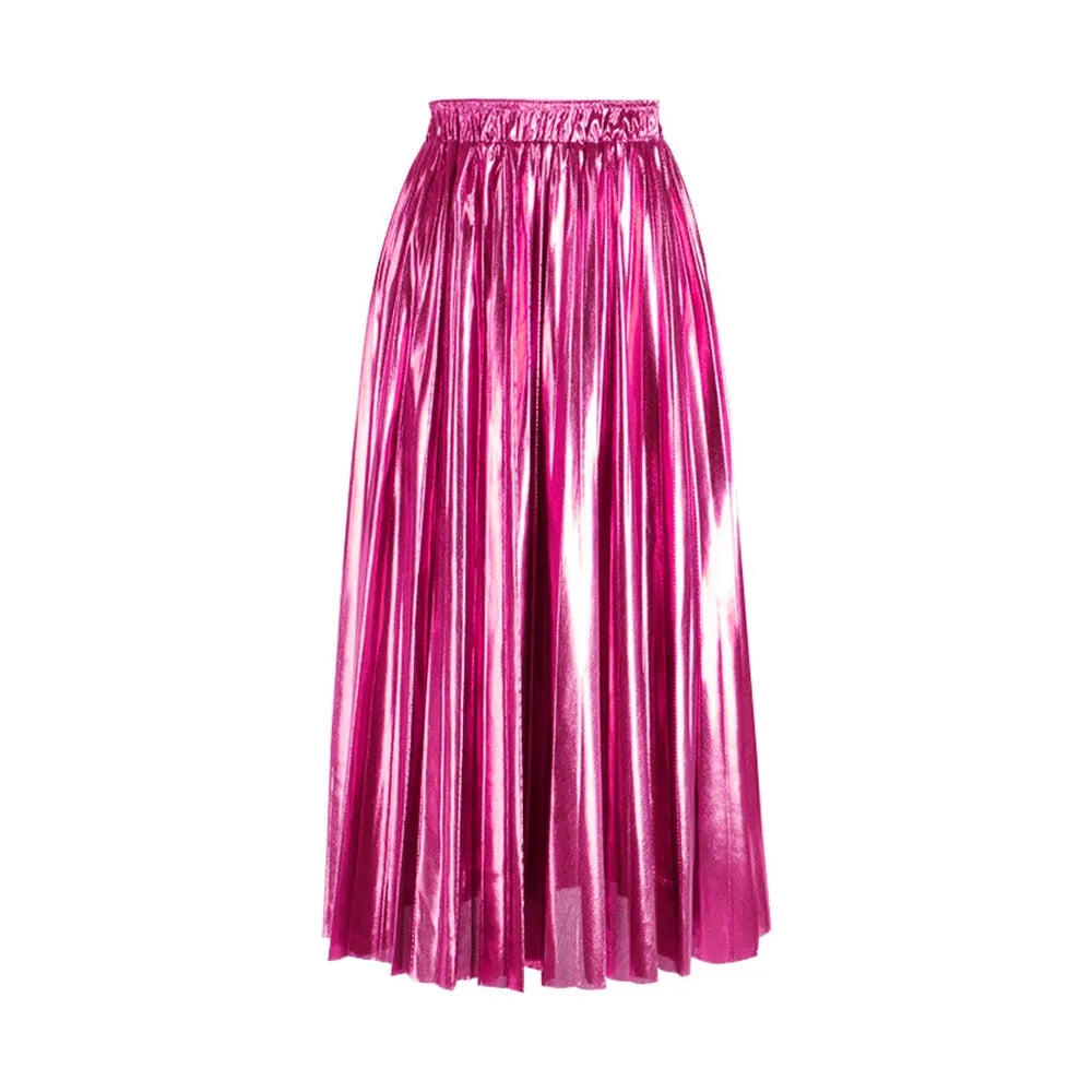 Elegant High Waist Pleated Midi Skirt for Women - Black, Silver & Gold Solid Colors | Perfect for Office, Party & Casual Wear