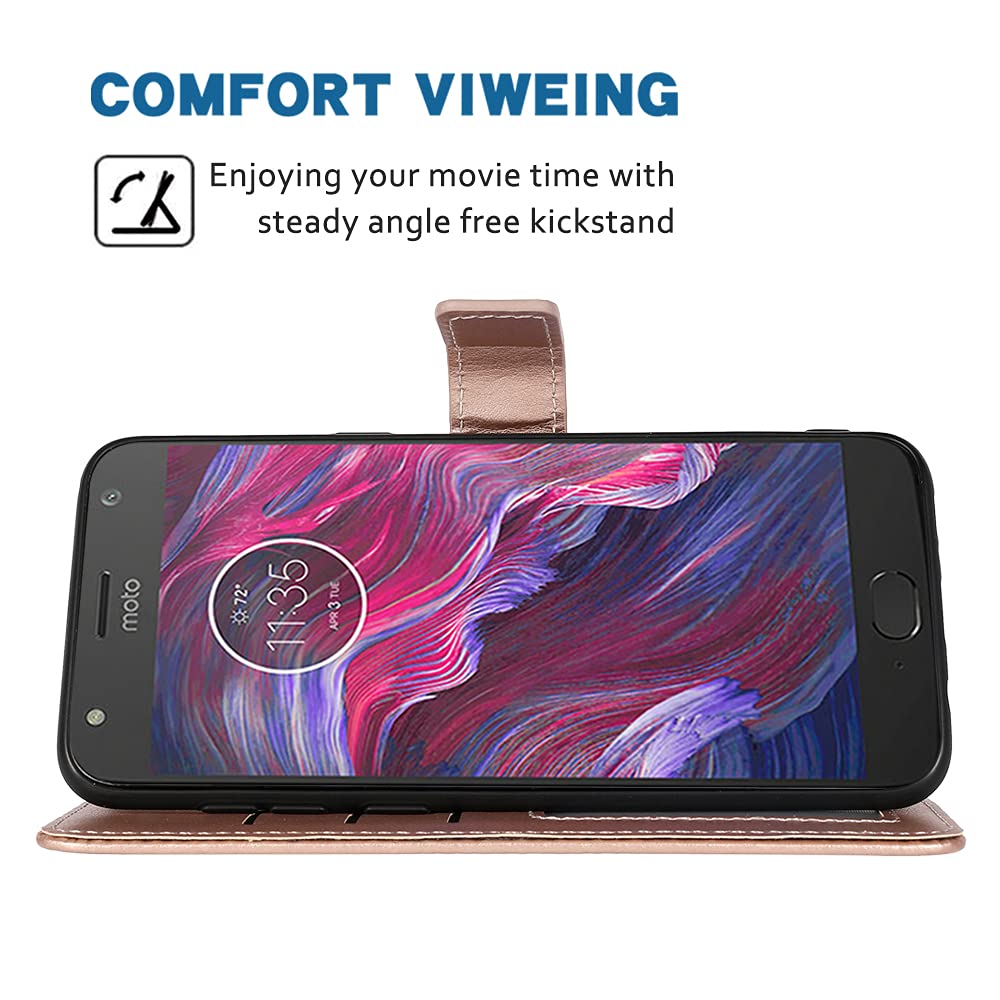 Premium Leather Wallet Case for Motorola Moto X4 (4th Gen/XT1900-1) - Flip Cover with Card Holder, Wrist Strap & Stand Function | Rose Gold | Perfect for Work, Travel & Everyday Use