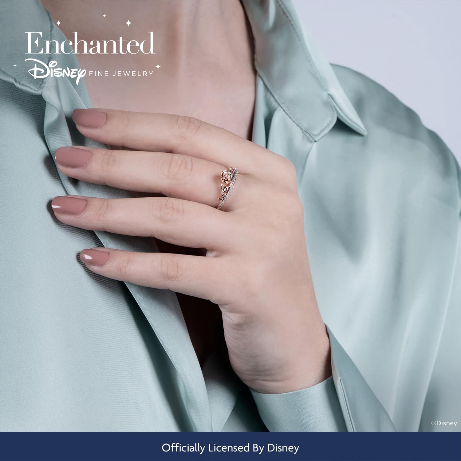 Enchanted Disney Belle Rose Ring - 14K Rose Gold over Sterling Silver with 1/10cttw Diamonds | Elegant Fine Jewelry for Women | Perfect for Weddings, Anniversaries & Disney Fans