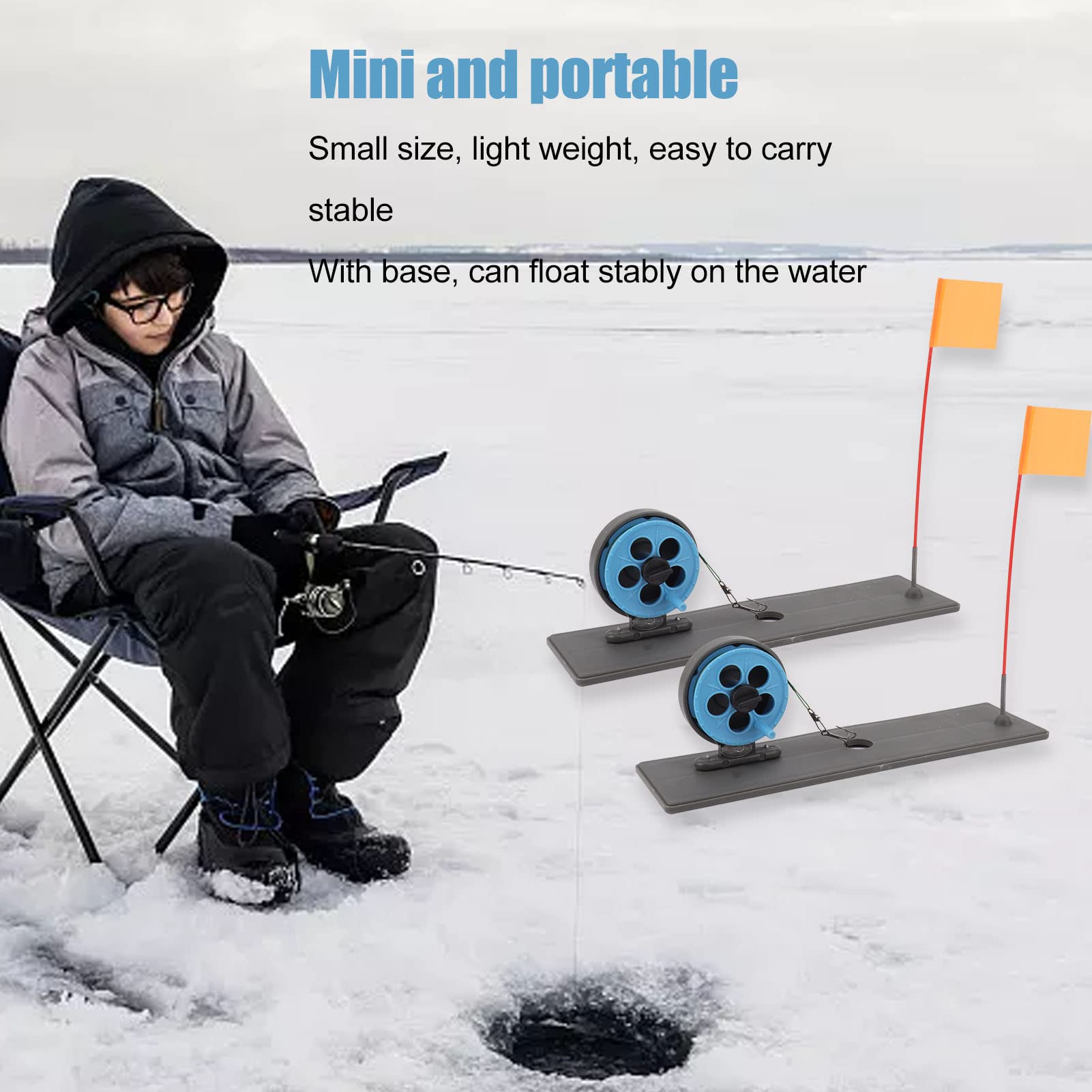 2Pcs Ice Fishing Tip Ups with Flags - Automatic Floating Portable Ice Fishing Rod Tackle for Winter Ice Fishing - Perfect for Ice Anglers, Lake Fishing, and Outdoor Winter Sports