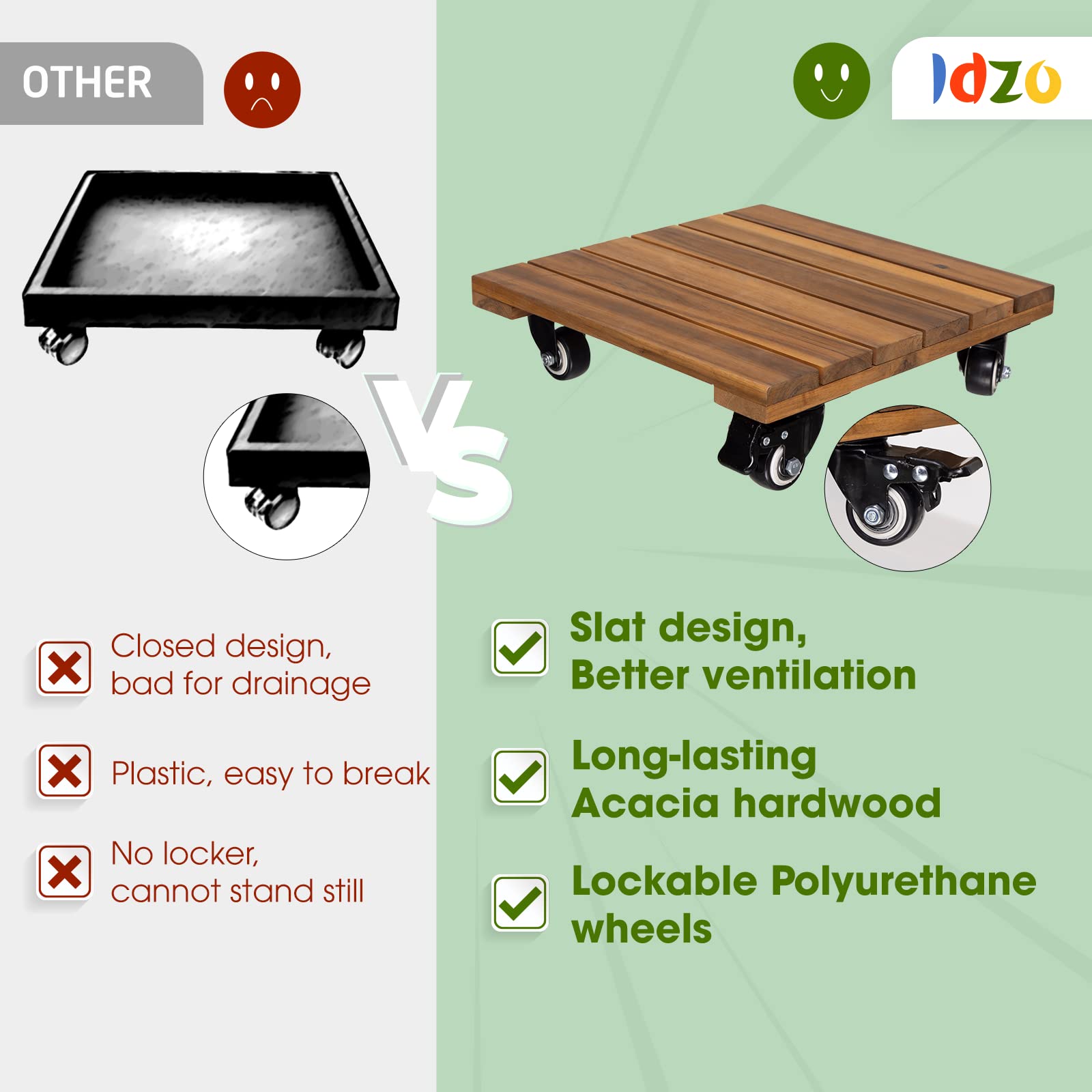 Idzo 2-Pack 14 Inch Heavy Duty Wood Plant Caddy with 360° Lockable Wheels - 264 lbs Capacity Acacia Hardwood Rolling Stand for Large Plant Pots, Indoor & Outdoor Use - Perfect for Moving Heavy Plants on Decks, Patios and Gardens