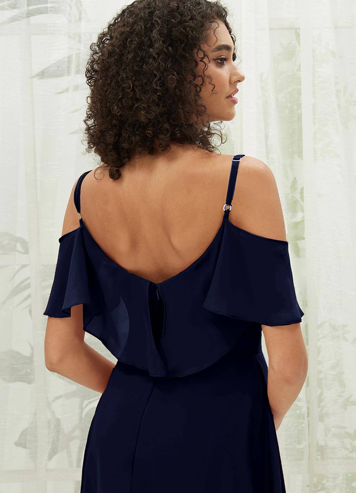 Elegant Dark Navy Chiffon Ruffle Cold Shoulder Sweetheart Bridesmaid Dress for Weddings & Formal Events