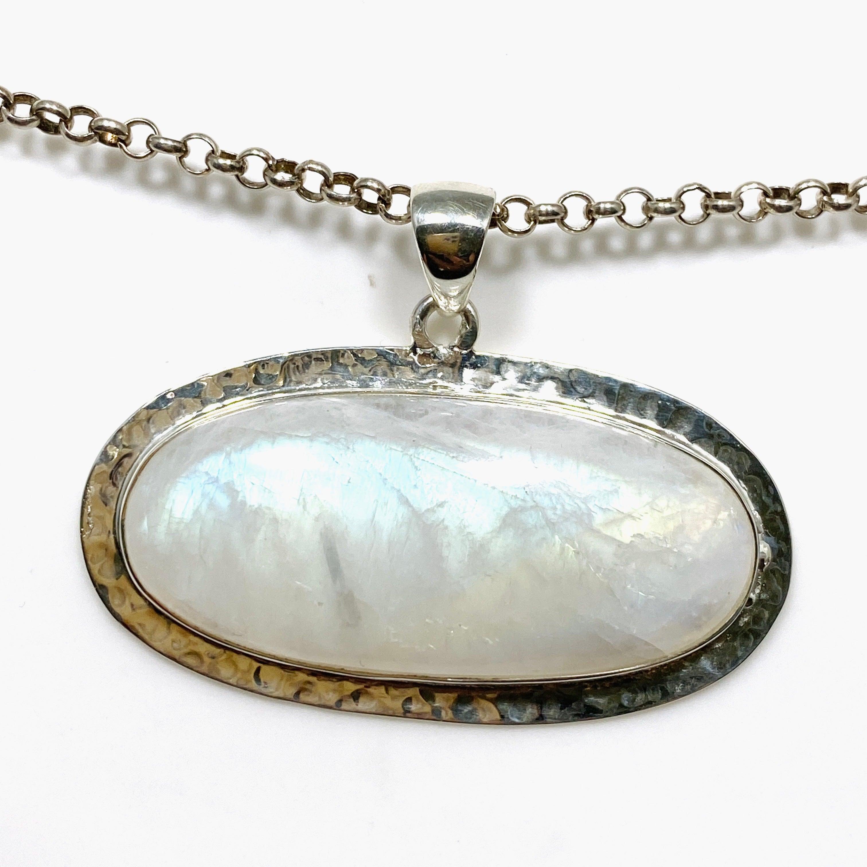 Moonstone Oval Pendant Necklace with Hammered Sterling Silver Setting KPGJ4242 - Elegant Boho Jewelry for Women, Perfect for Weddings & Special Occasions
