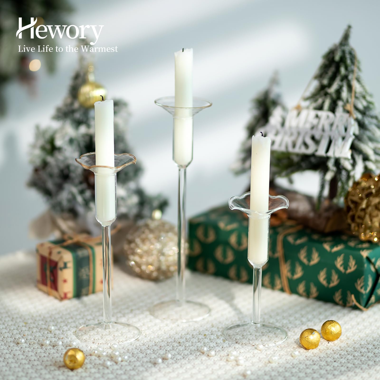 Hewory 4Pcs Clear Glass Taper Candlestick Holders - Tall Candle Holders for Dinner Table, Wedding, Christmas & Holiday Decor - Elegant Centerpiece for Home, Party & Special Occasions