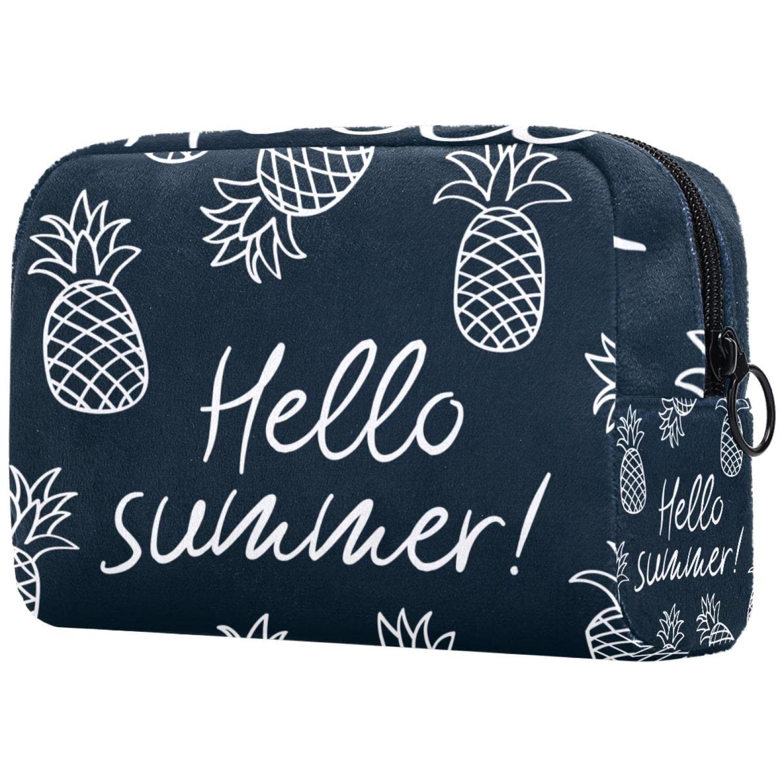 Stylish Large Makeup Bag for Women - Waterproof Travel Cosmetic Organizer with Brush Pouch, Hello Summer Tropical Pineapple Print - Perfect for Travel, Gym & Daily Use