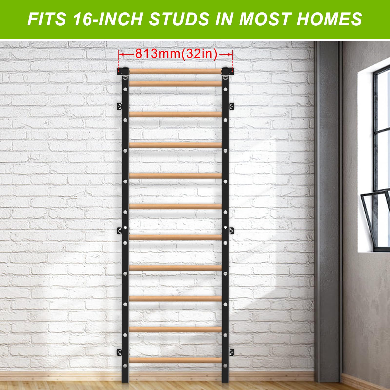 Premium Wood Stall Bar & Swedish Ladder with Pull-Up Bar - 11 Adjustable Strategic Rods for Full-Body Workout - Wall Mounted Suspension Trainer for Home Gym, School, Clinic & CrossFit Training - Perfect for Strength Training, Physical Therapy & Functional Fitness Exercises