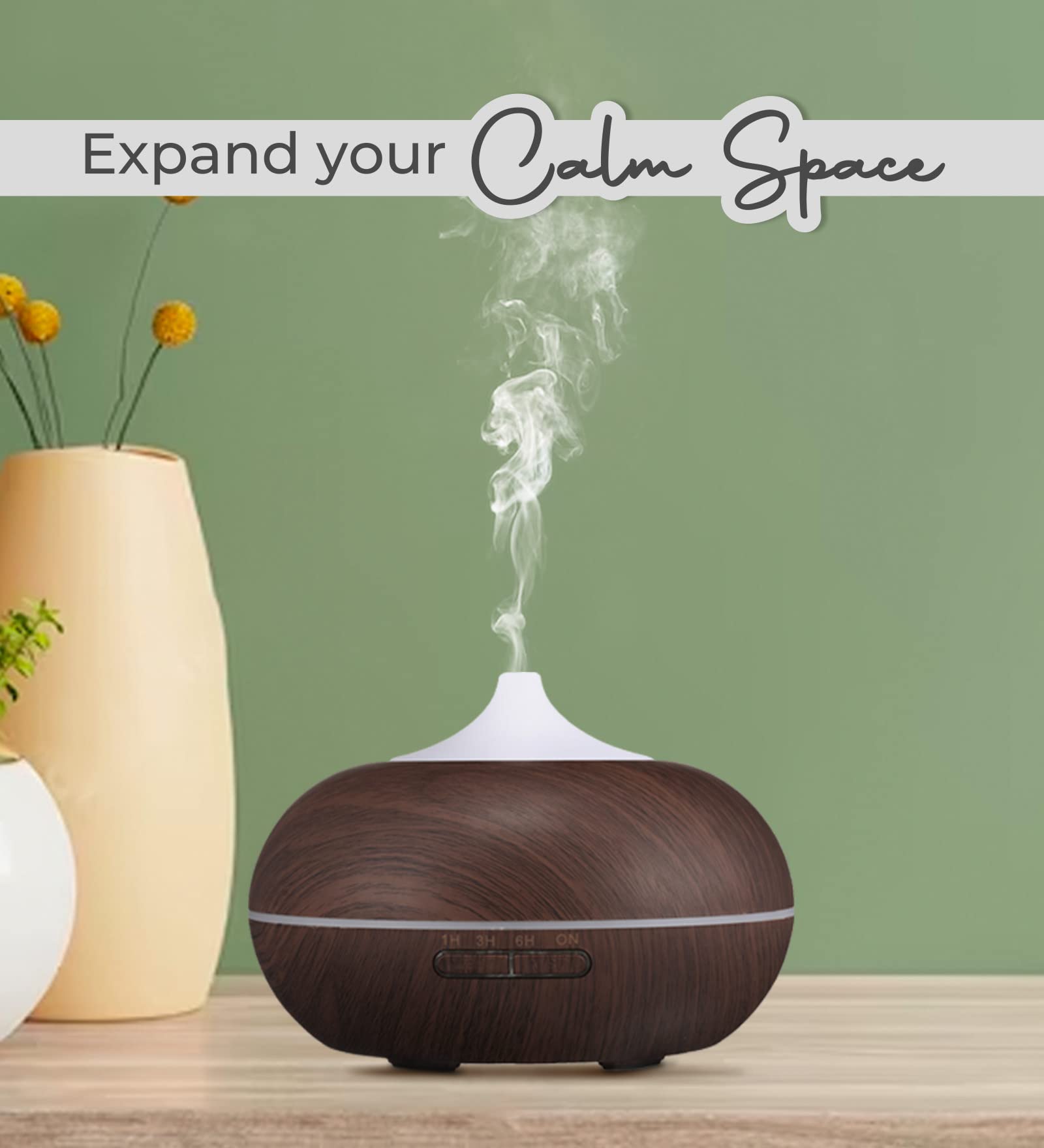 EKAM 400ml Premium Essential Oil Diffuser - 7-in-1 Ultrasonic Aromatherapy Humidifier with Timer & Auto-Off Safety - Black Wood Grain Design for Home, Office & Yoga Studio Relaxation