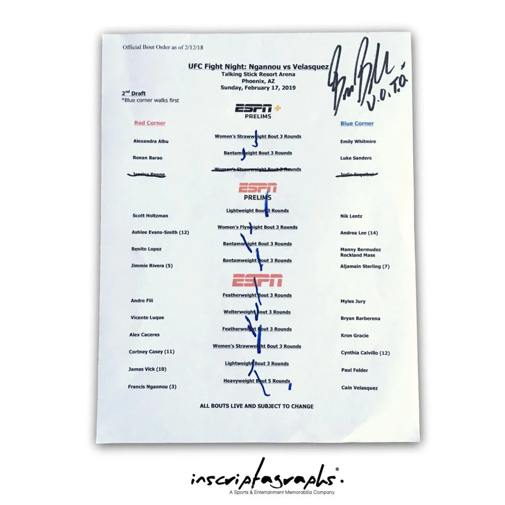 Bruce Buffer UFC ESPN #1 Phoenix Official Bout Order List from 2/17/19 Fight - Authentic Event Used Memorabilia for UFC Fans & Collectors - Perfect for Sports Memorabilia Displays, Man Caves, and UFC Themed Rooms