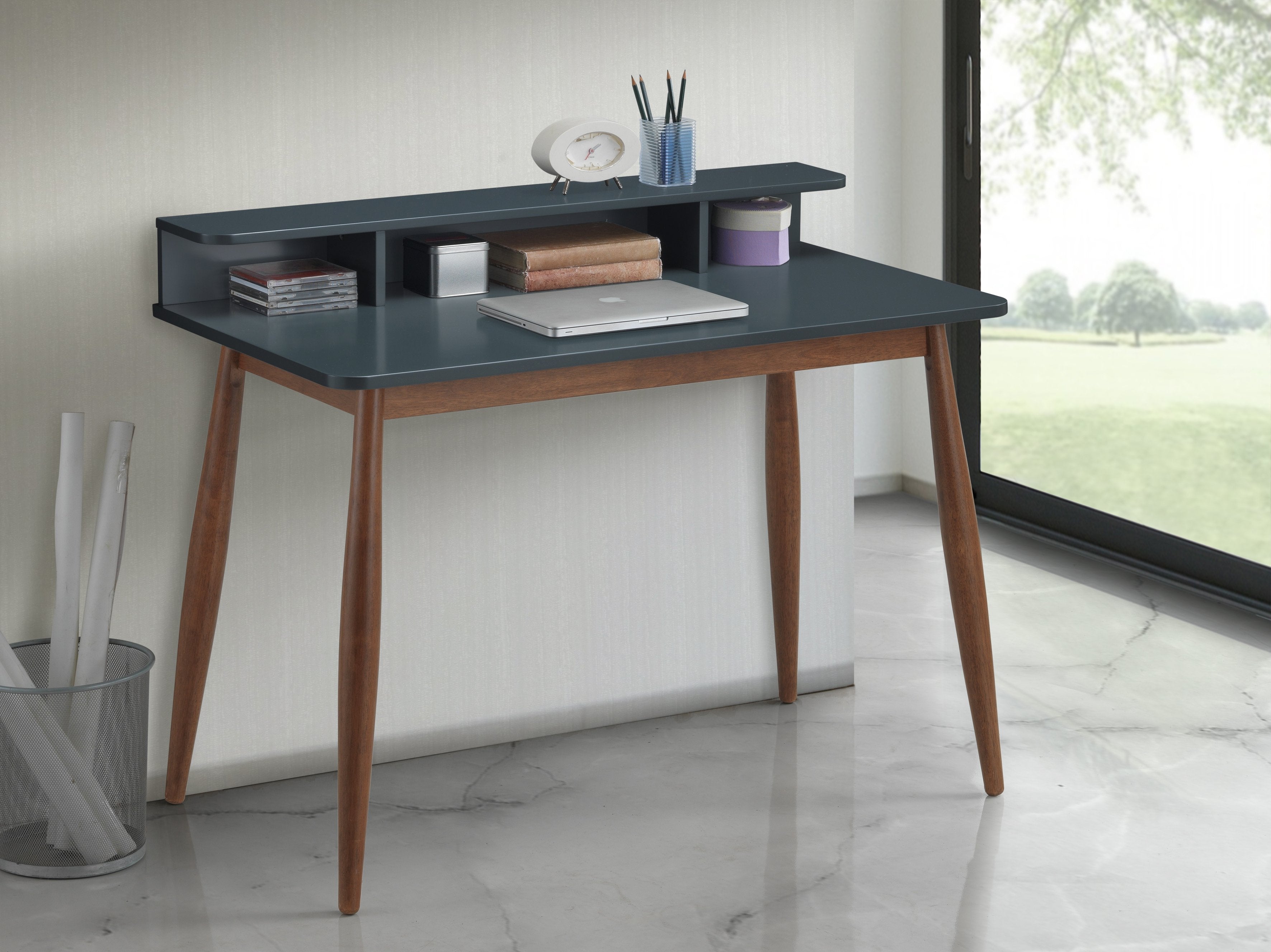 Roundhill Furniture Roskilde Wooden Storage Office Desk - Gray Blue, Modern Home Office Desk with Ample Storage Space for Work or Study