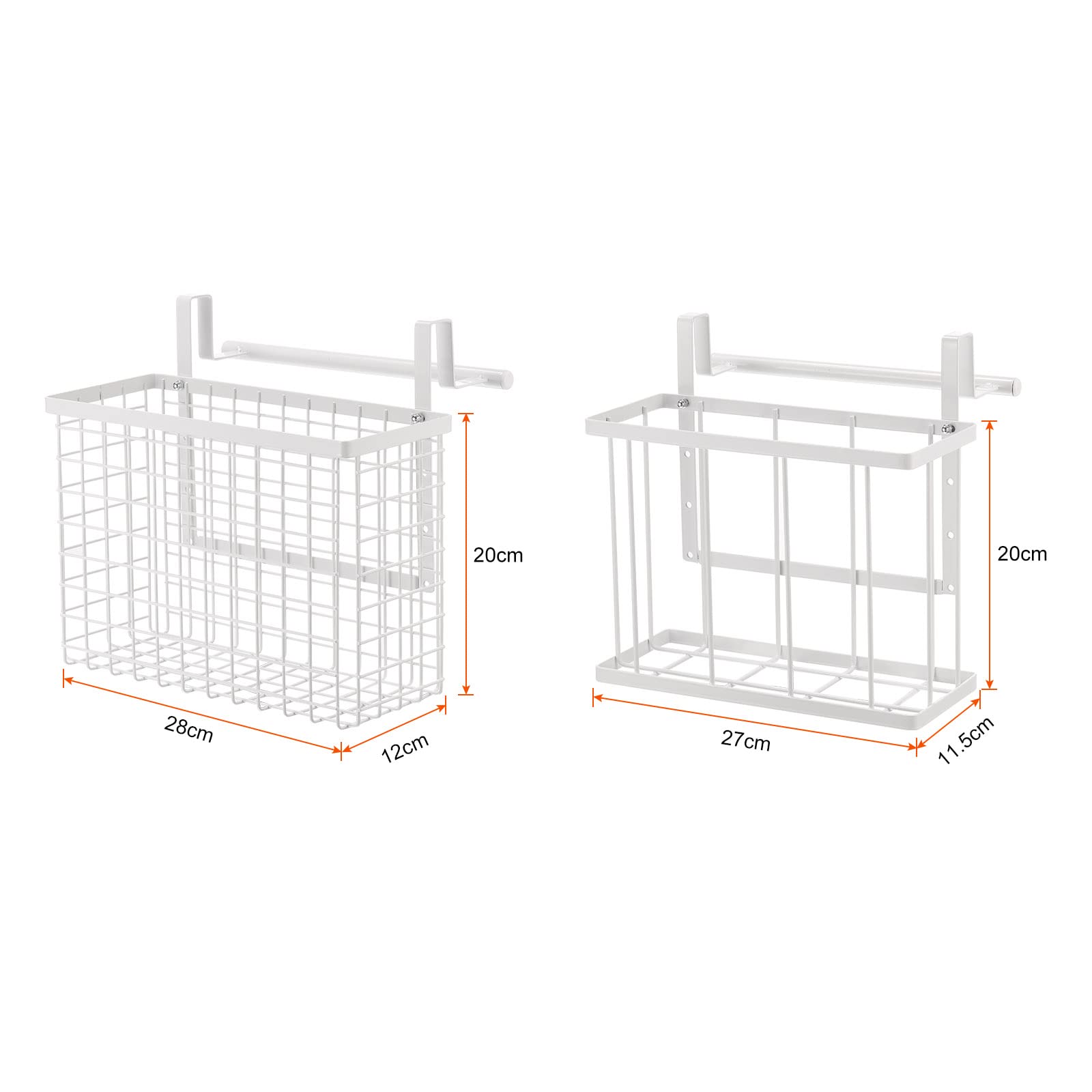 uxcell 2-Pack White Metal Wire Cabinet Door Organizer with Towel Bar & Hooks - Over Cabinet Storage Basket for Kitchen, Pantry, Bathroom - Perfect for Cutting Boards, Spices, and Cleaning Supplies