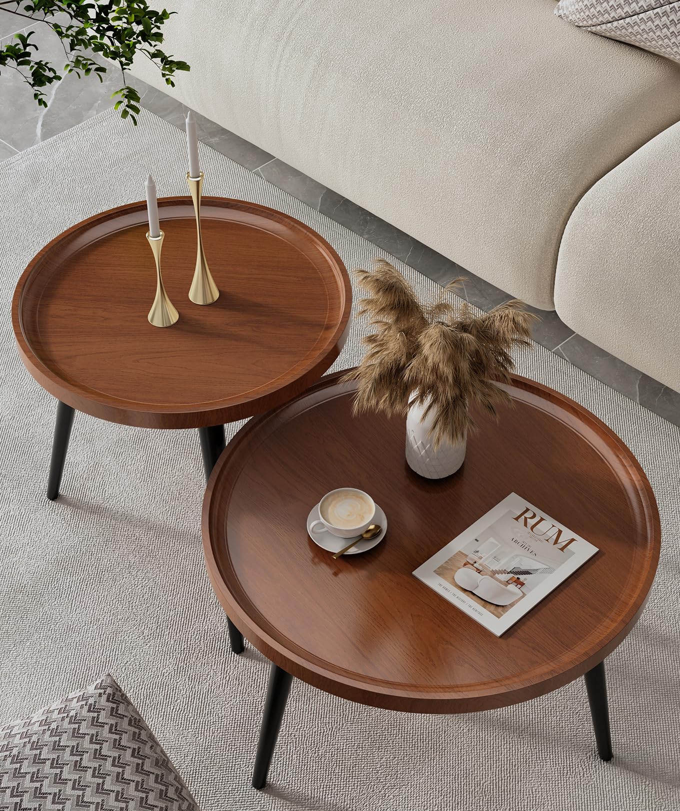 2-Piece Mid Century Modern Round Walnut Coffee Table Set - Easy Assembly Nesting Living Room Tables - Small Circle Side Tables for Sofa, Bedside, Office & Balcony - Perfect for Small Spaces & Home Decor