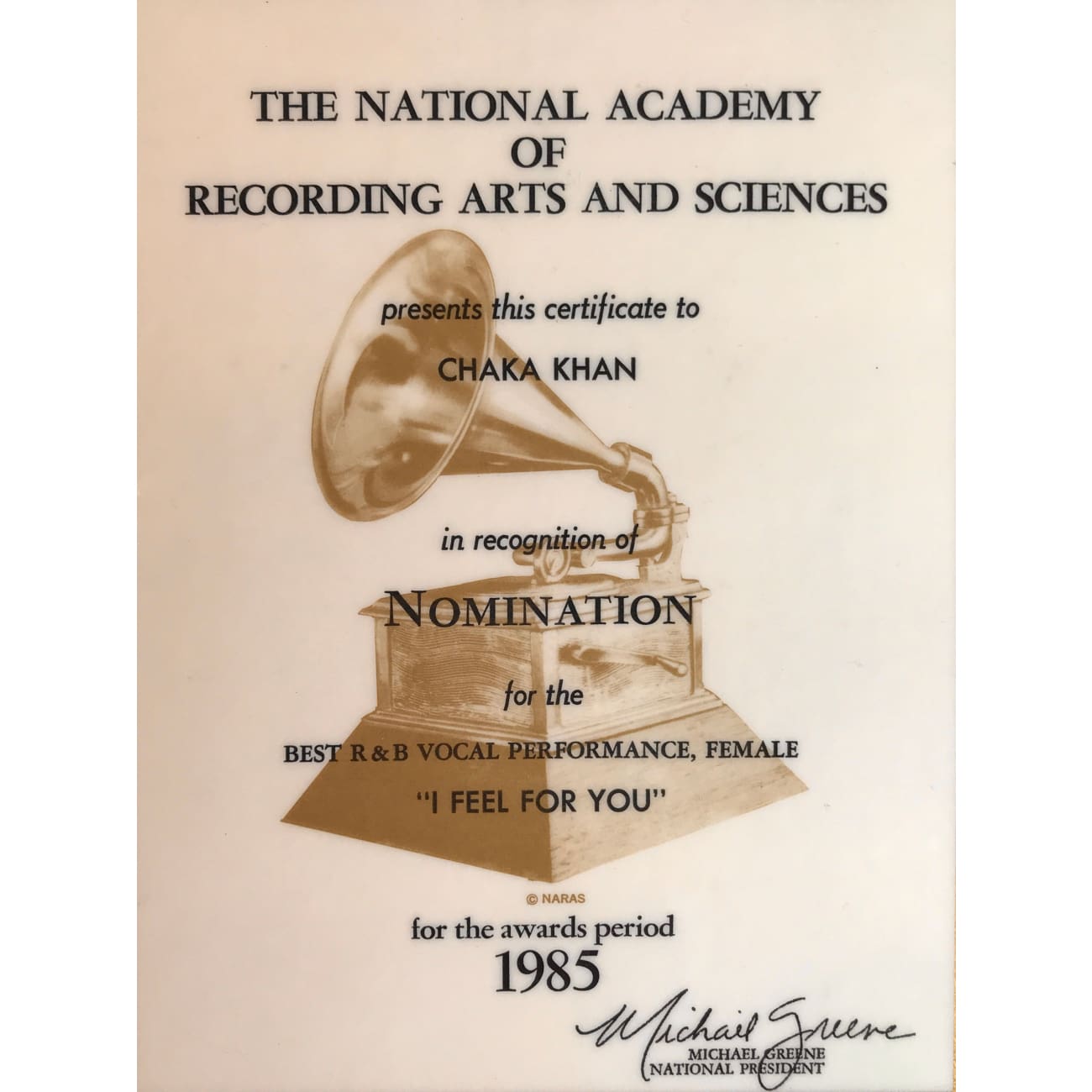 Chaka Khan 1985 Grammy Nomination Plaque for 'I Feel For You' – Rare Collectible Award Presented to Chaka Khan | Perfect for Music Memorabilia Displays & Fan Collections