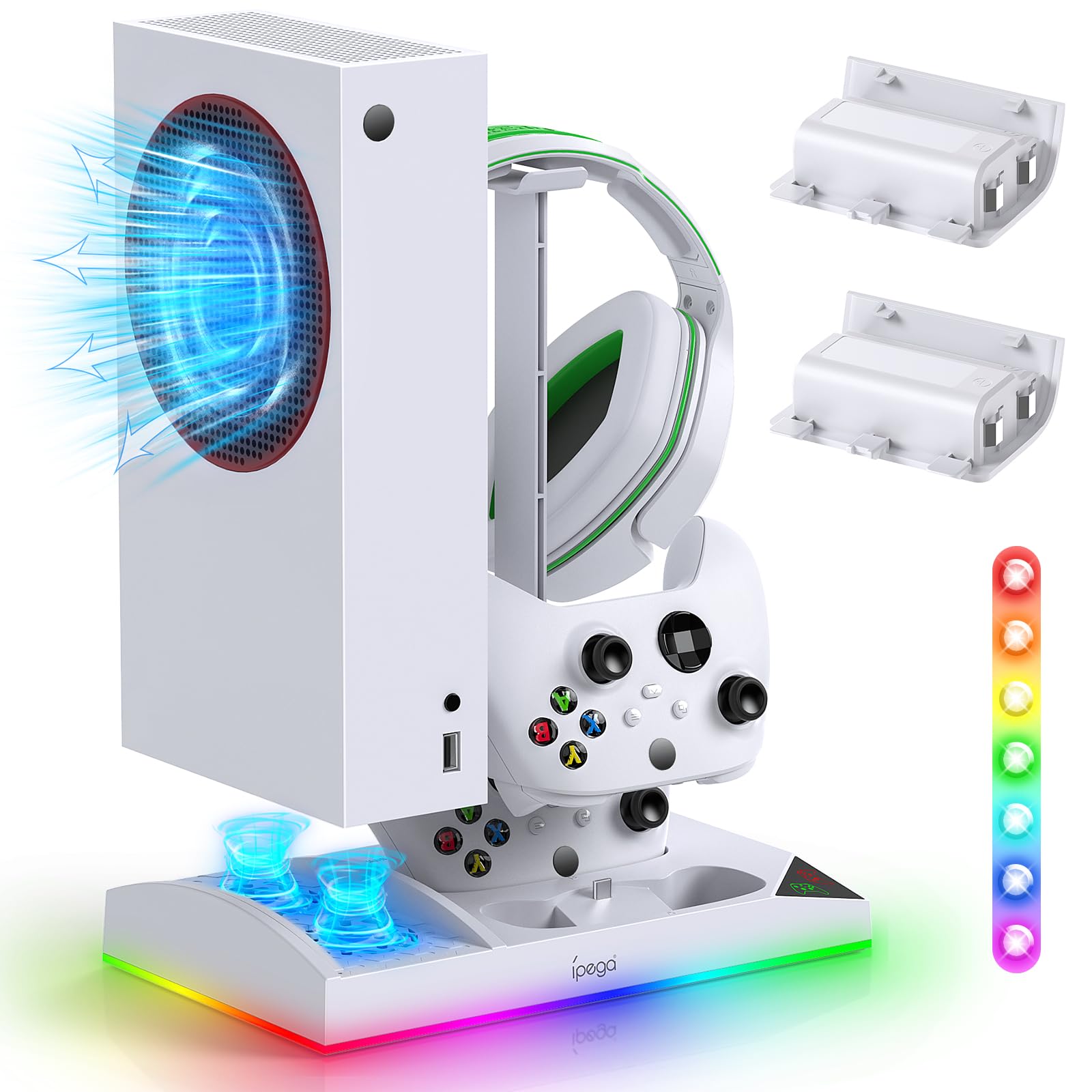 Upgraded RGB Cooling Fan Charging Station for Xbox Series S Console & Controller - Dual Charger Dock Cooler System Stand with 15 Colorful LED Light Modes, Includes 2x1400mAh Rechargeable Batteries (White) - Perfect for Gaming Setup & Accessories Organization