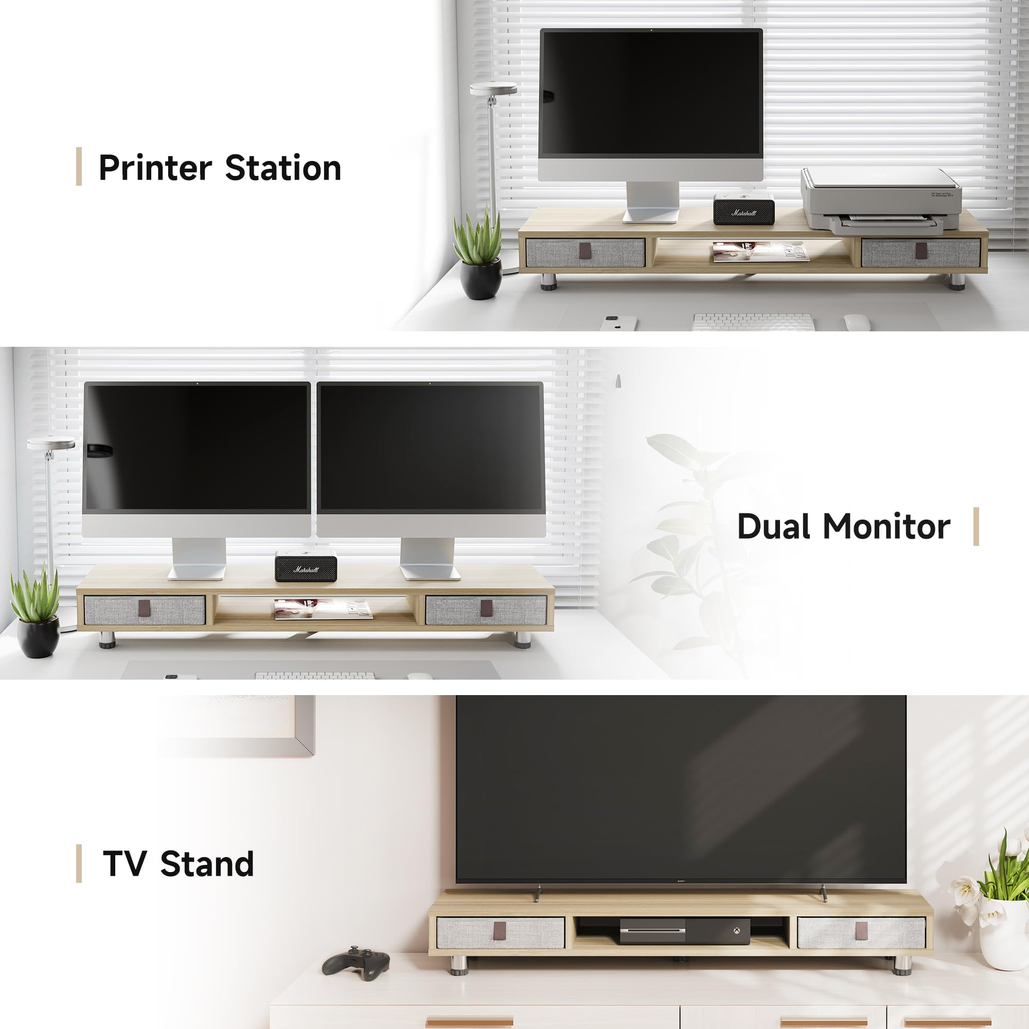 FENGE Dual Monitor Stand with 2 Drawers - Adjustable Height Oak Wood Monitor Riser for 2 Monitors, Computer, Laptop, PC, TV & Printer - Perfect for Home Office, Gaming Setup & Workspace Organization