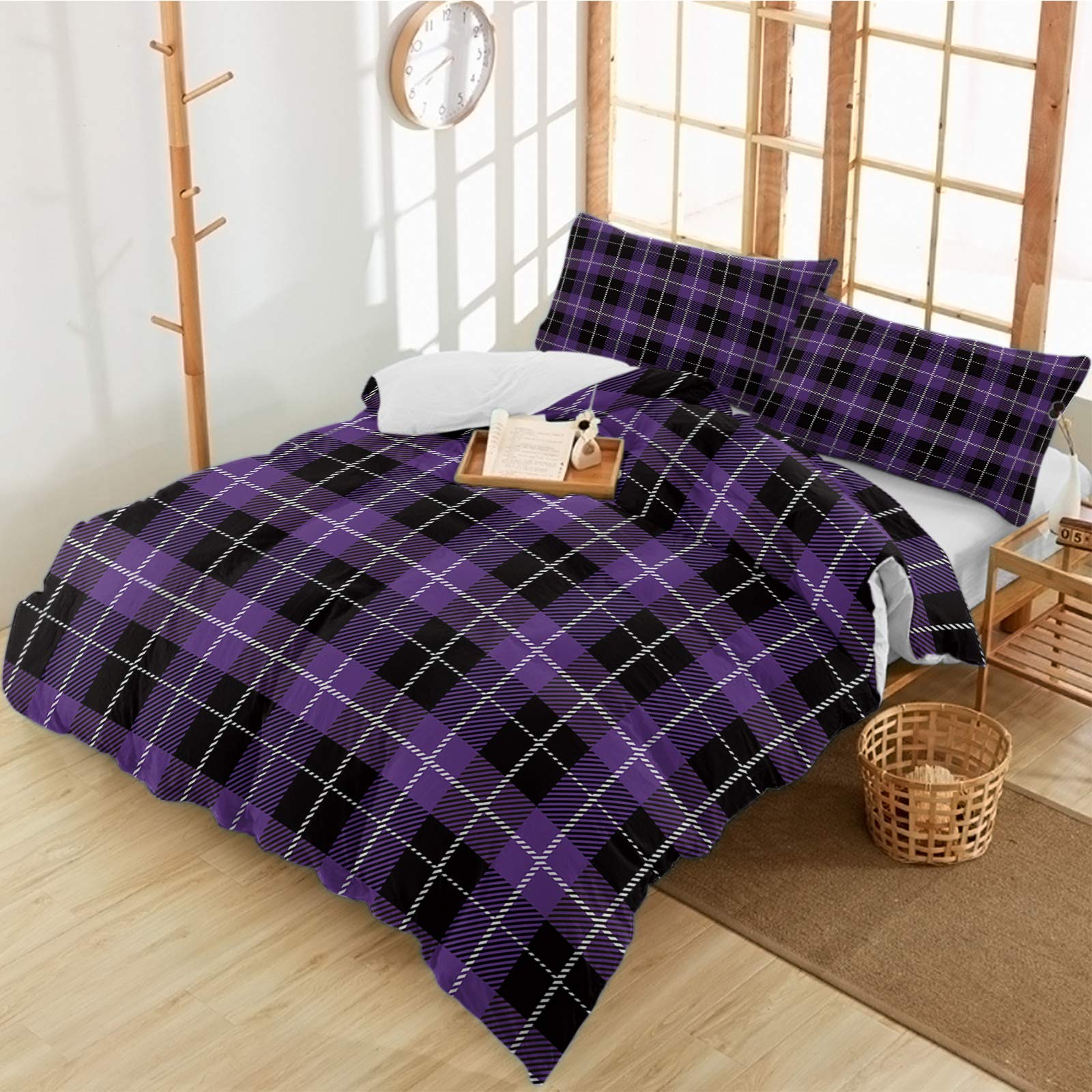 ERXPOOD 3-Piece Duvet Cover Set - Retro Purple Black Plaid Luxury Soft Microfiber Bedding Set with 2 Pillowcases, Vintage Lattice Design for Bedroom Decor - Perfect for Master Bedroom, Guest Room & Cozy Home Styling