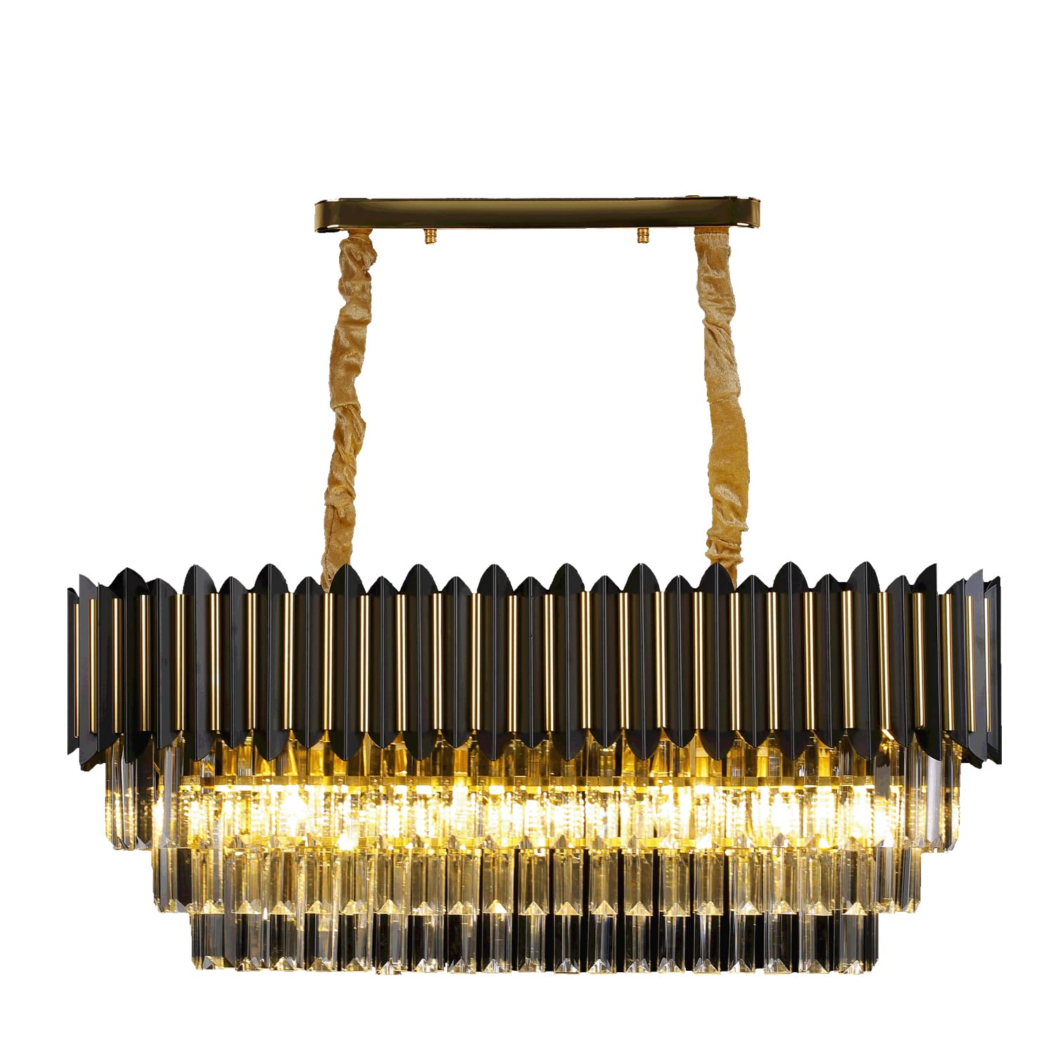 3-Tier Oval Crystal Chandelier - Modern Black & Gold Metal Pendant Light with Adjustable Hanging Ceiling Fixture (E12x10 Bulbs, 31.5