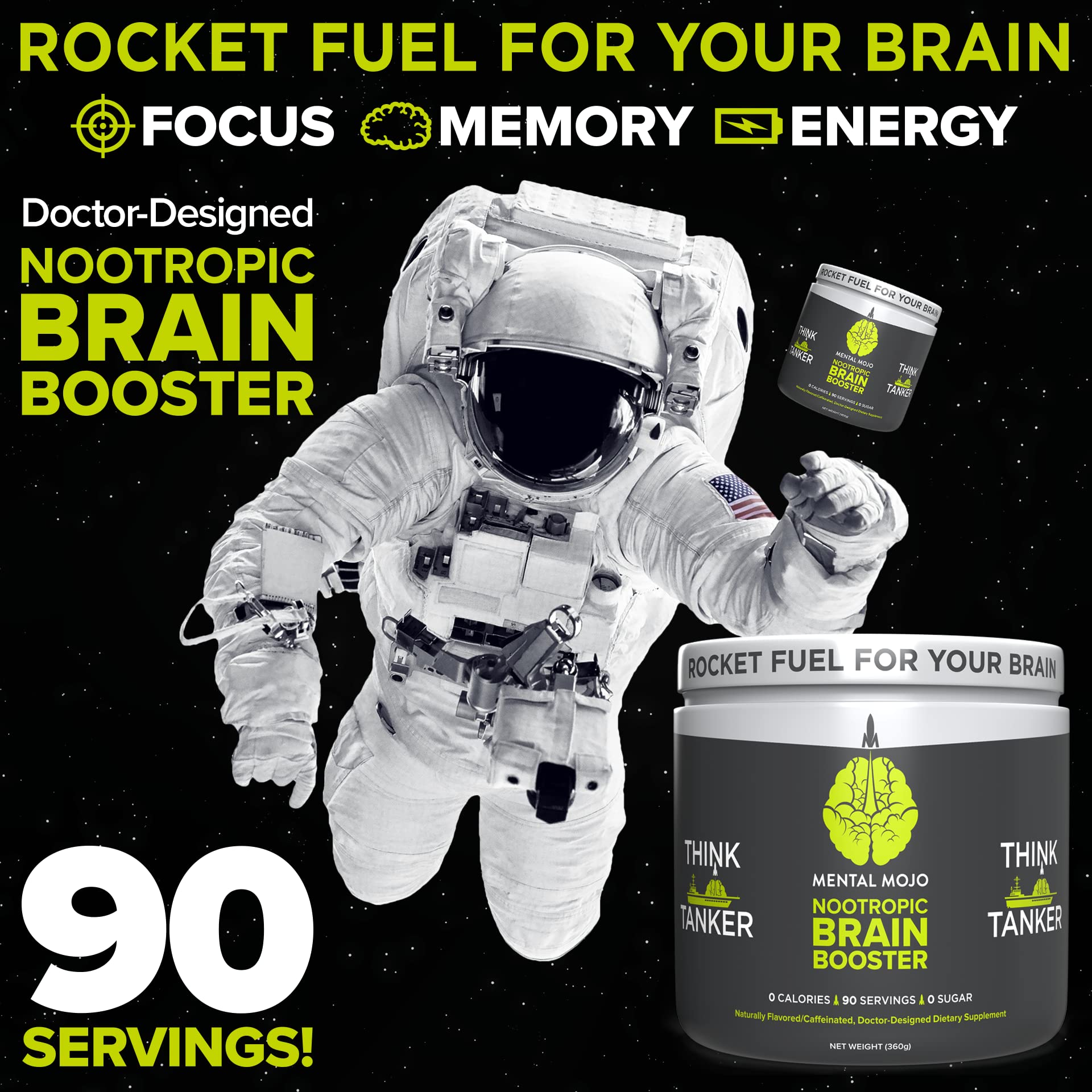 Nootropic Brain Booster Supplement (90 Servings) - Energy & Focus Drink Mix for Memory Enhancement - Sugar Free, Zero Calories - Kiwi Strawberry Flavor | Ideal for Studying, Work Productivity & Mental Performance