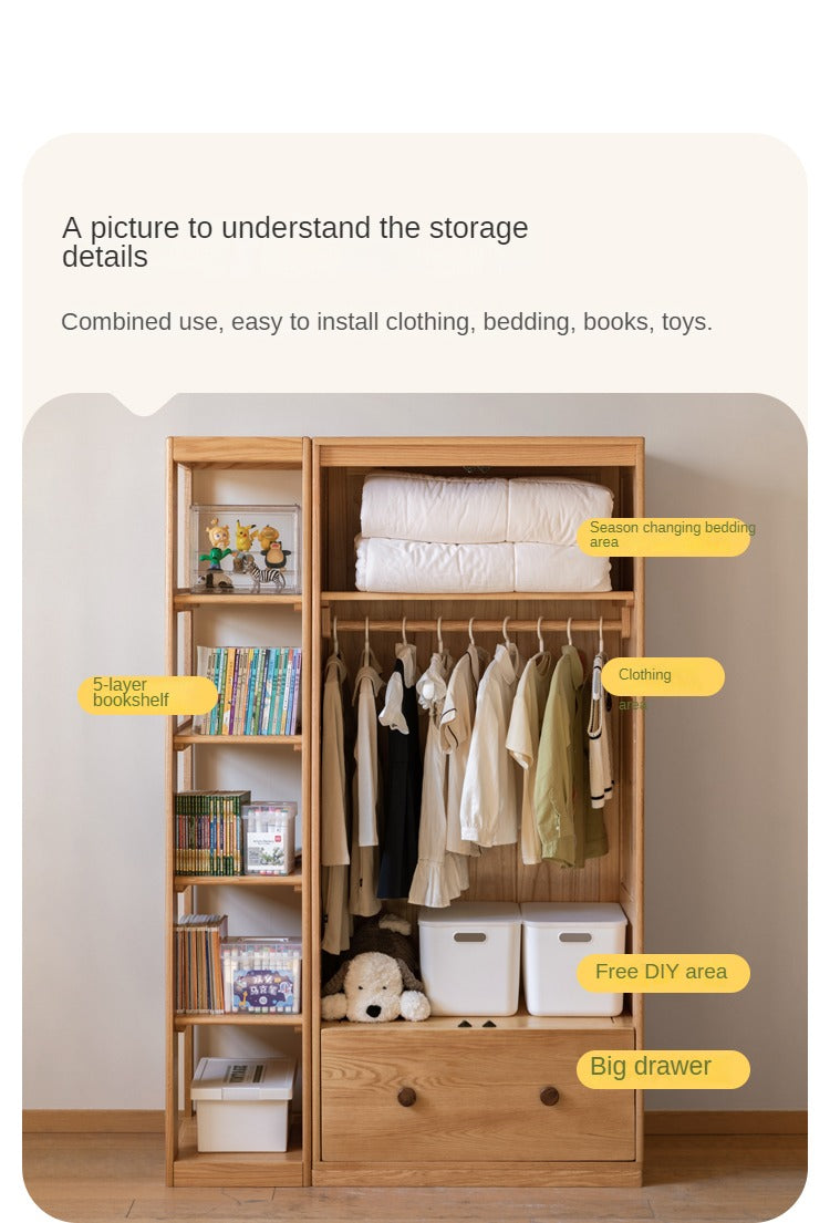 Premium Oak Solid Wood Kids Wardrobe - Multi-Functional Storage Organizer for Clothes, Toys & Books - Perfect for Bedroom, Nursery & Playroom Organization