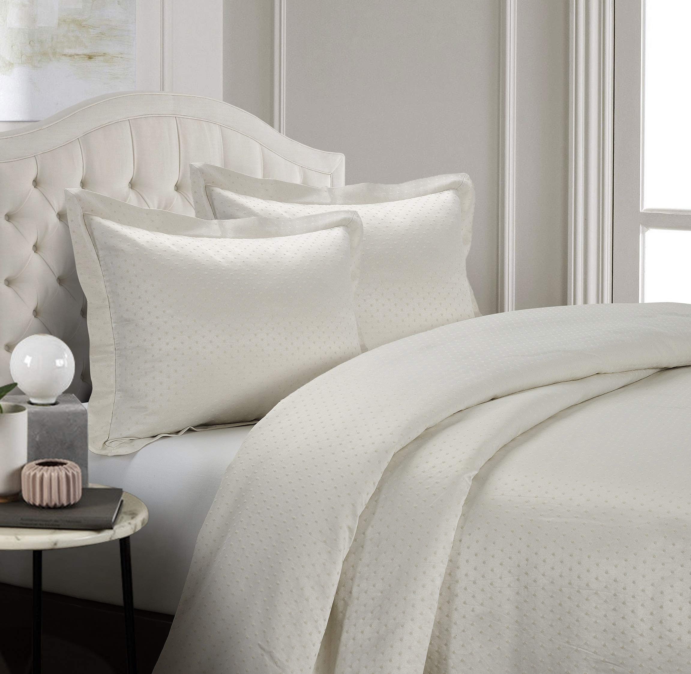 Luxury 3-Piece Queen Comforter Set - Sateen Cotton Swiss Dot Ivory Bedding for Elegant Bedrooms