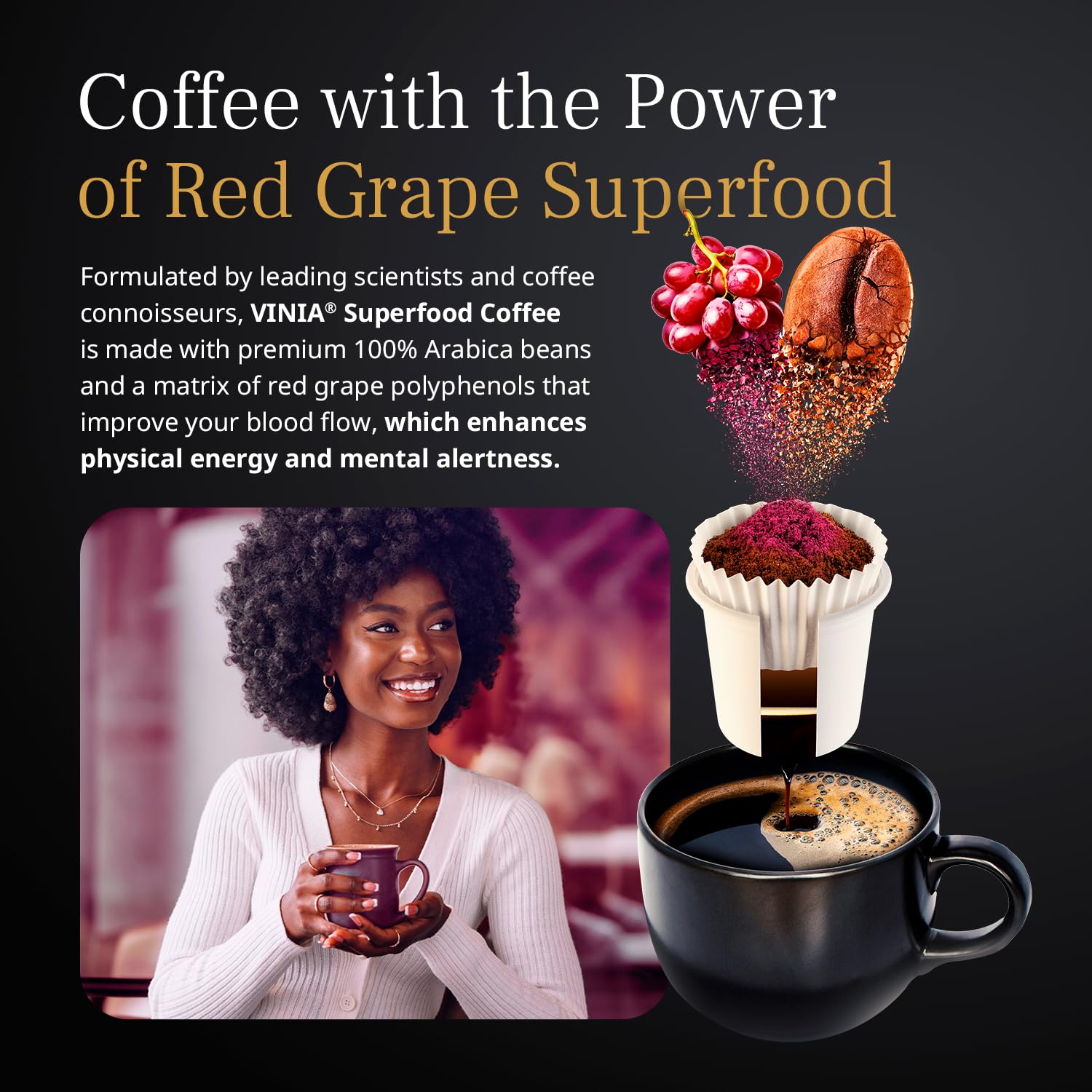 VINIA Blood Flow Energy Coffee Pods - Medium Roast K-Cups with Red Grape Piceid Resveratrol for Physical & Mental Boost | Keurig Compatible Superfood Coffee | Full-Bodied Flavor | 60 Count | Perfect for Morning Energy & Workout Recovery