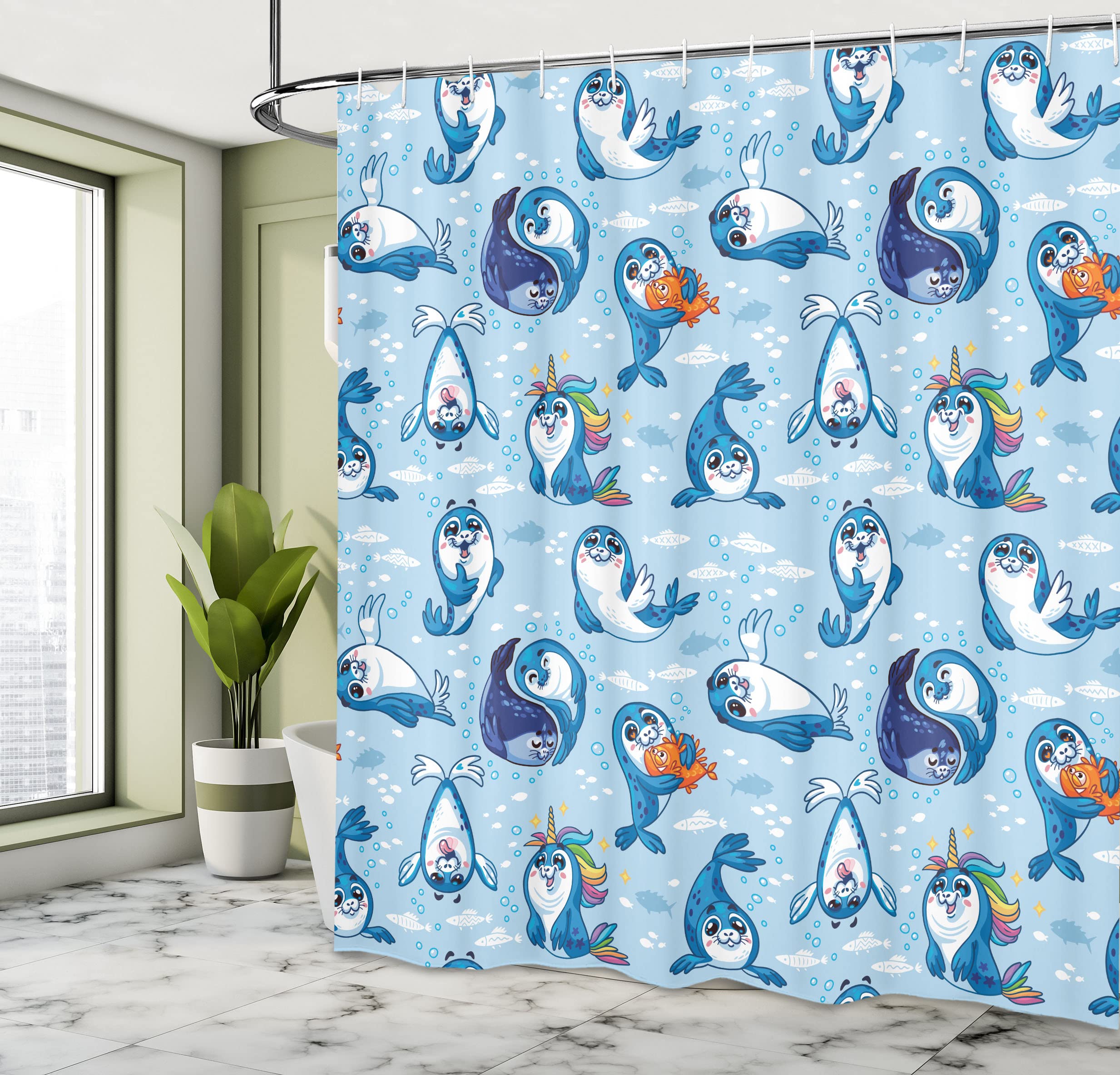 Ambesonne Waterproof Sea Animals Shower Curtain - Seal Pup & Aquatic Wildlife Design with Hugging Bubbles, 69