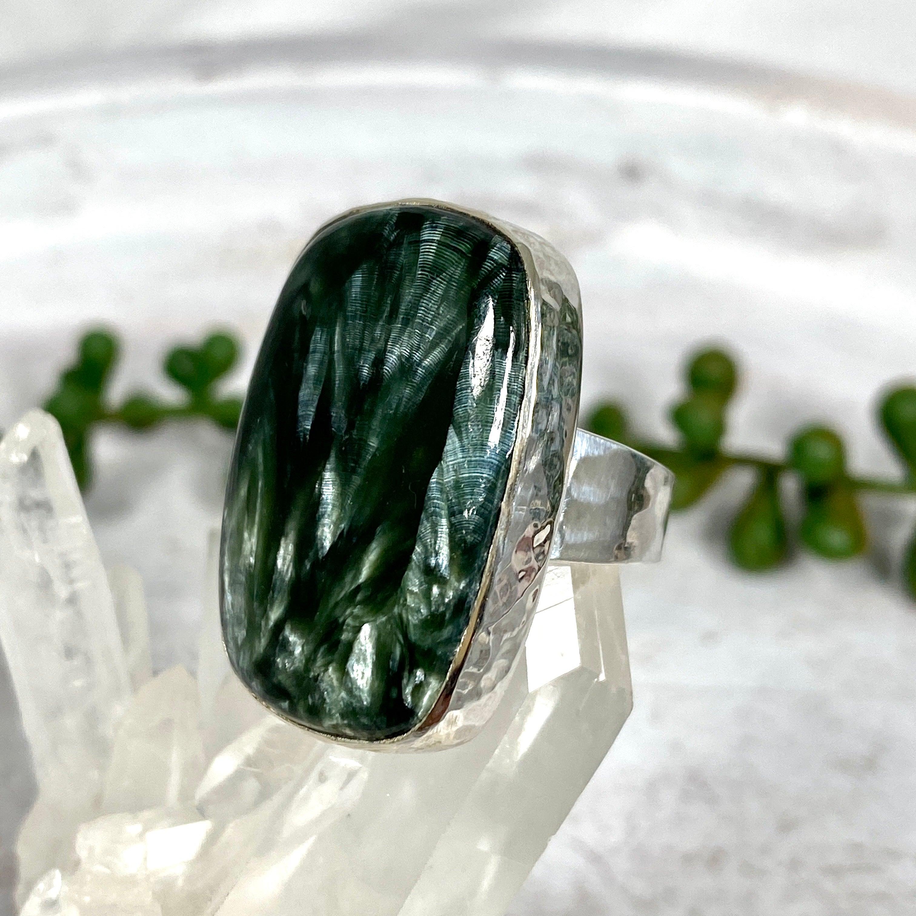 Seraphinite Rectangular Ring Size 8 - Elegant Green Gemstone Jewelry for Women | Perfect for Gifts, Parties & Special Occasions
