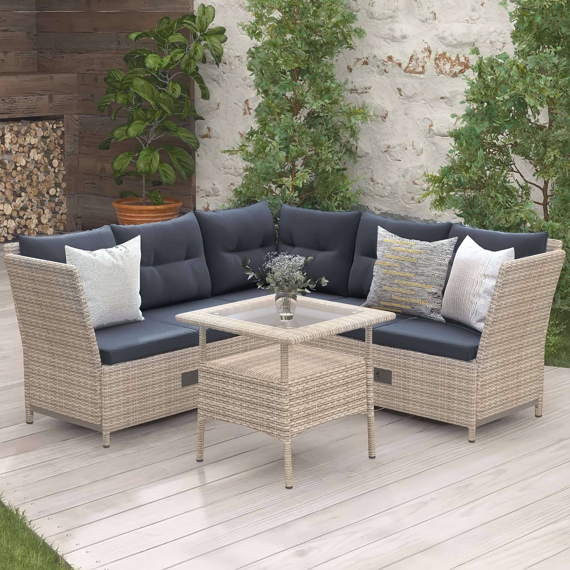 Morhome 4-Piece Outdoor Sectional Patio Furniture Set with Adjustable Backrest - All-Weather Wicker Sofa for Backyard, Poolside, Garden (F-Gray) | Perfect for Lounging, Entertaining & Relaxing Outdoors