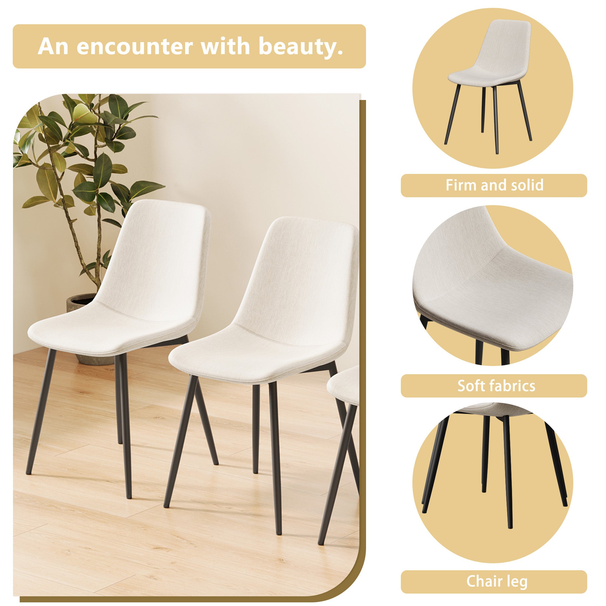 Modern Kitchen Dining Chairs Set of 4 - Linen Padded Seats with Sturdy Black Metal Legs (Beige) - Perfect for Home, Office, Restaurant & Cafe Use