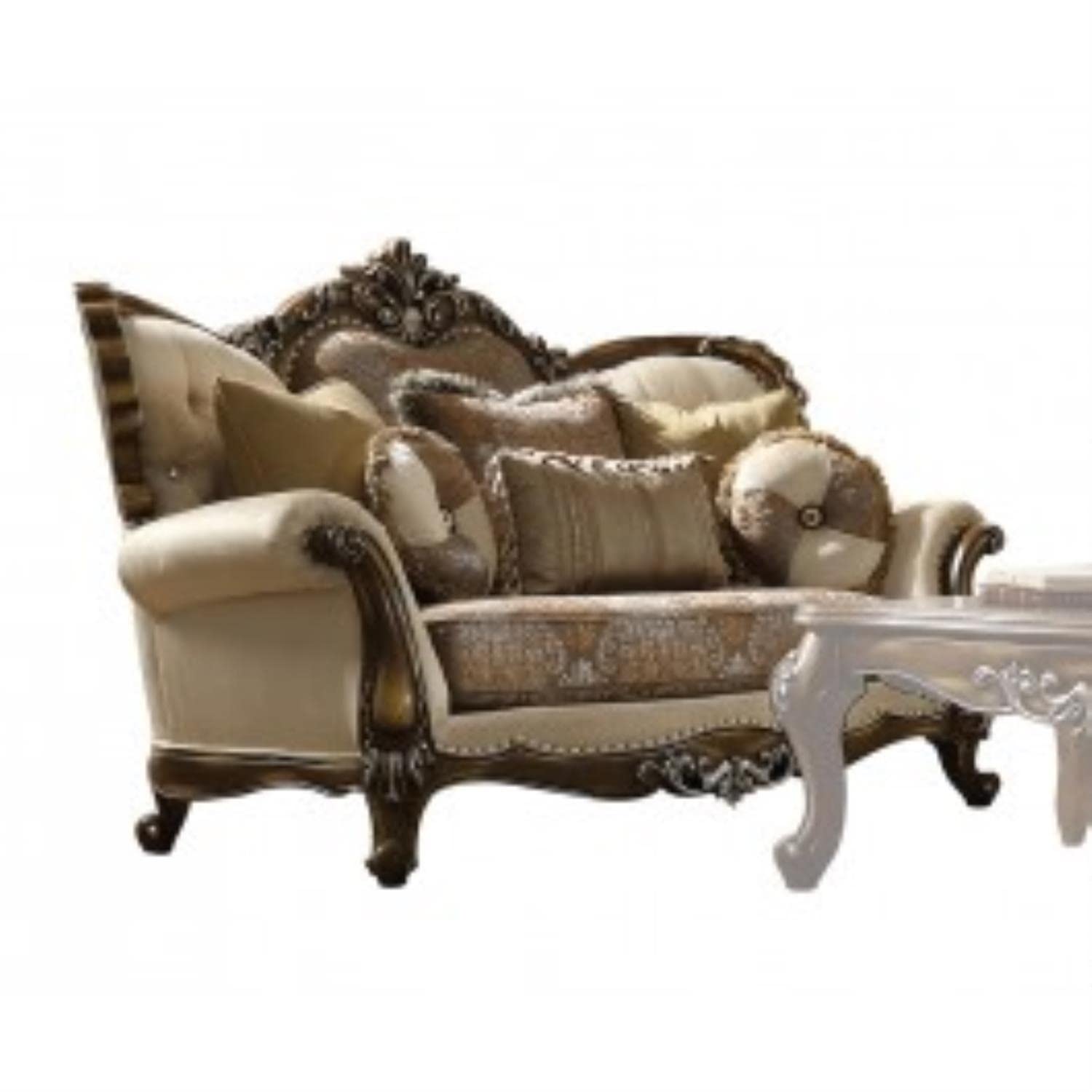 Acme Furniture Latisha Love Seats - Tan Pattern Fabric with Antique Oak Frame - Comfortable 2-Seater Sofa for Living Room, Bedroom & Small Spaces