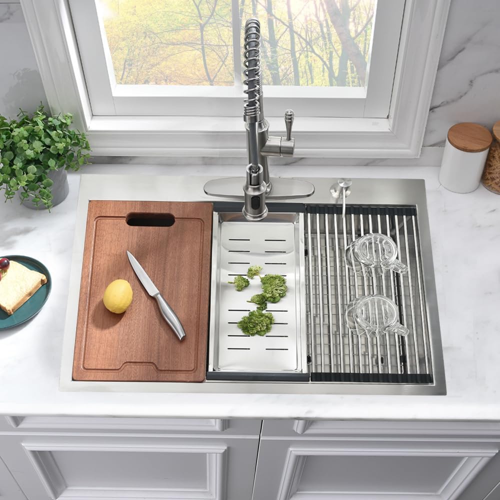 33x22 Inch Drop-In Stainless Steel Kitchen Sink - 16 Gauge Single Bowl Top Mount Sink with Cutting Board | Durable Workstation for Food Prep & Dishwashing | Perfect for Modern Kitchens & Restaurant Use