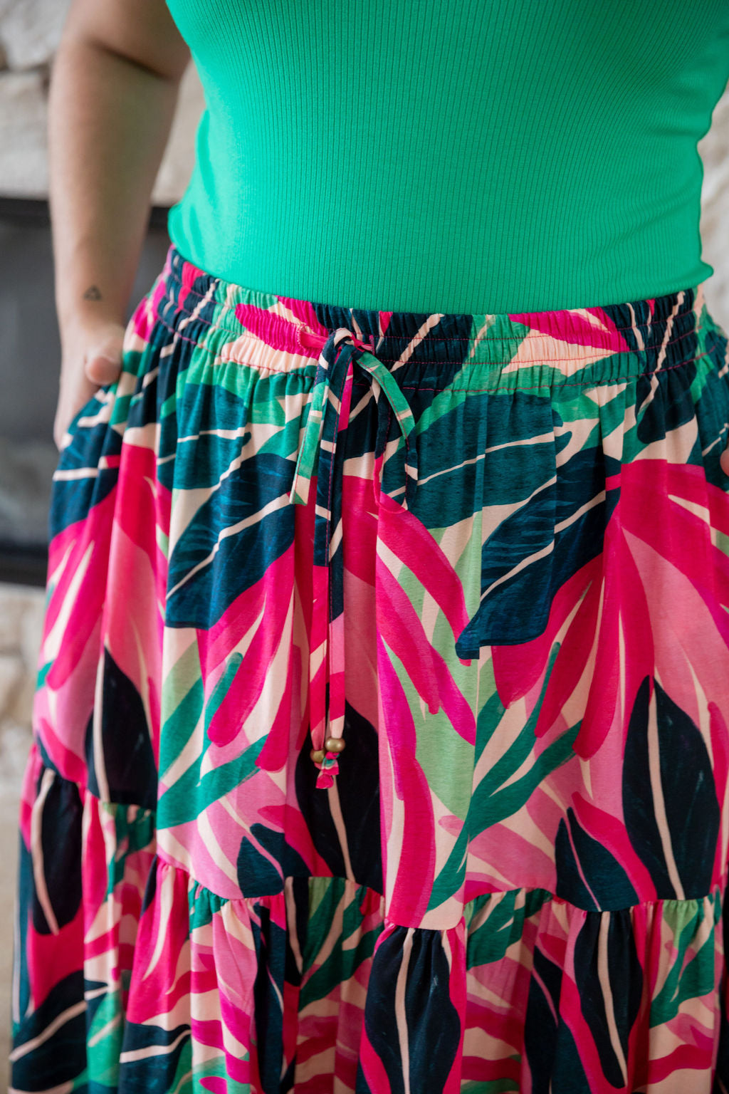 Carrie Skirt in Jungle Pink - Women's Floral A-Line Midi Skirt with Pockets | Perfect for Spring Outfits, Office Wear & Casual Dates