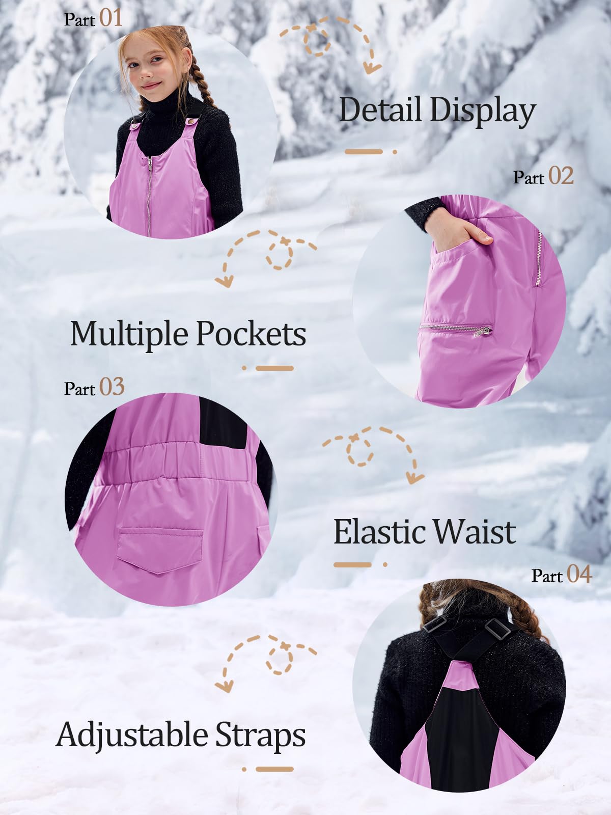 Haloumoning Kids Snow Bibs - Waterproof Insulated Snow Pants for Girls 5-14 Years | Skiing, Snowboarding & Winter Outdoor Play