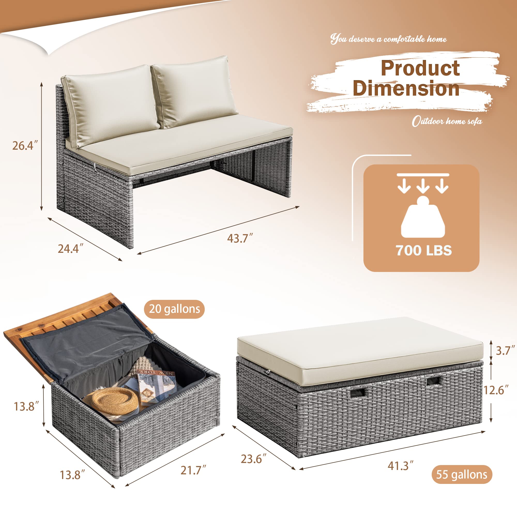 Devoko Outdoor Daybed Set - Multifunctional Patio Lounge Bed with 2 Side Tables, Wicker Rattan Furniture for Backyard, Porch, Poolside, Lawn & Beach (Beige White) - Perfect for Sunbathing, Relaxing & Outdoor Entertaining