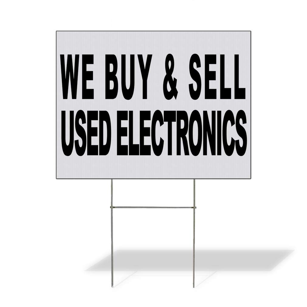 We Buy Used Electronics - Weatherproof 18x12 Inch Double-Sided Black Yard Sign for Lawn & Garden - Perfect for Garage Sales, Flea Markets & Electronics Stores