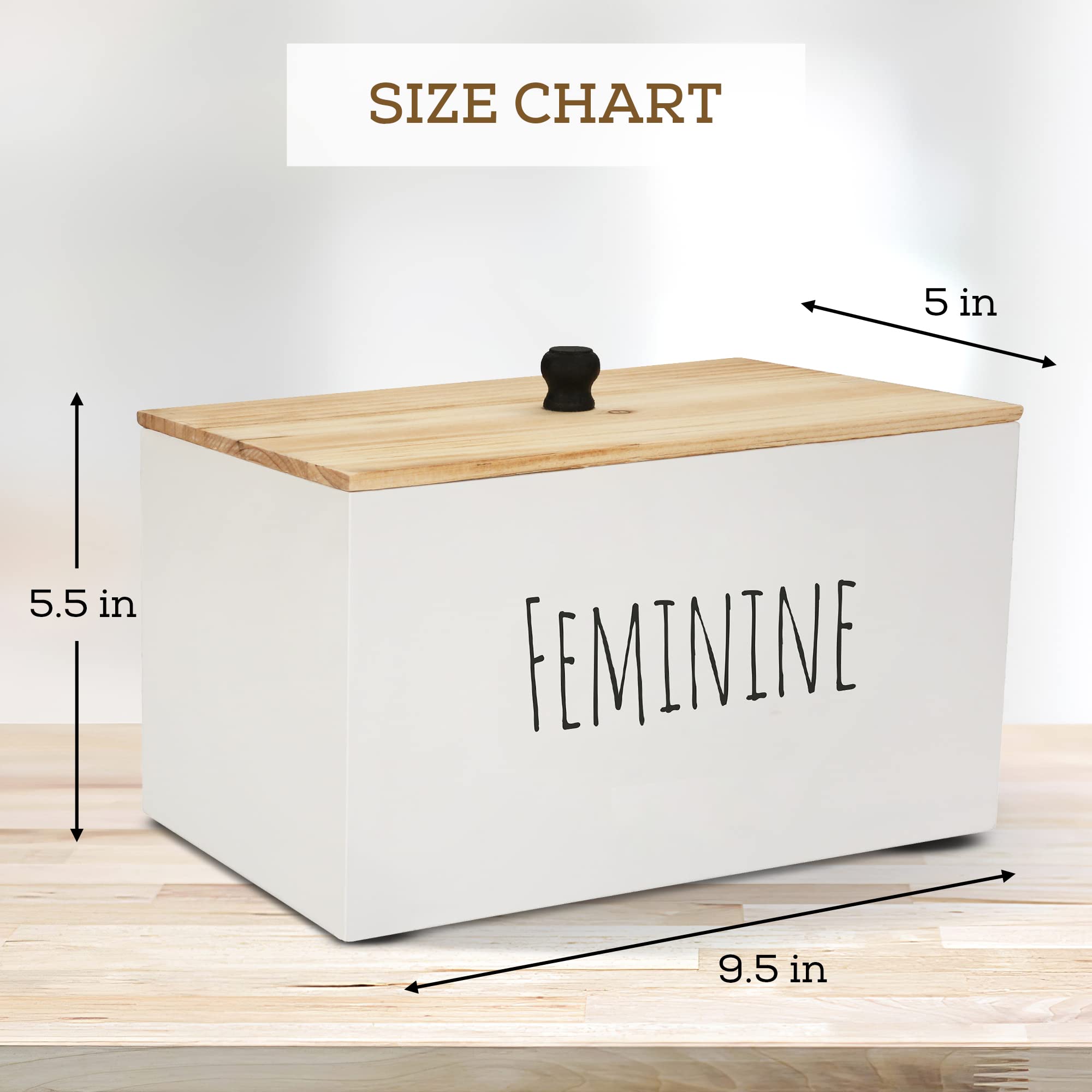 Organic Cotton Tampon Holder & Feminine Product Organizer - Rustic Farmhouse Wood Storage Box for Bathroom, Vanity or Bedroom - White Hygienic Pad Container with Lid - Perfect for Home Decor & Women's Essentials Organization