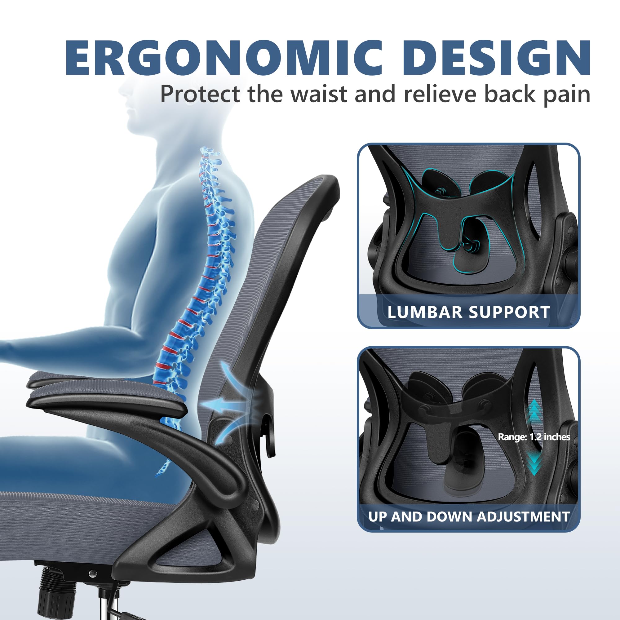 Ergonomic Mesh Office Chair with Adjustable Lumbar Support - Mid Back Swivel Task Chair with Breathable Mesh & Flip-Up Armrests - Comfortable Computer Desk Chair for Home Office, Gaming & Workspaces (Dark Gray)