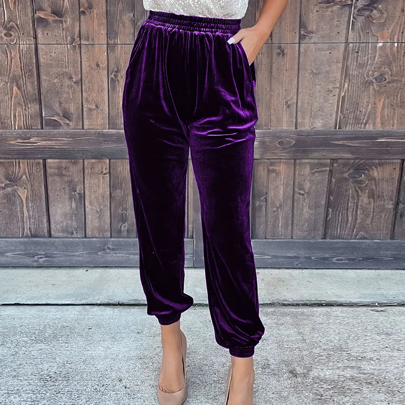 Stylish Red Velvet High Waist Pants for Women - Soft Stretch Elastic Waistband Comfortable Loose Fit Casual Trousers for Fall Winter Fashion (Perfect for Office, Party & Holiday Outfits)
