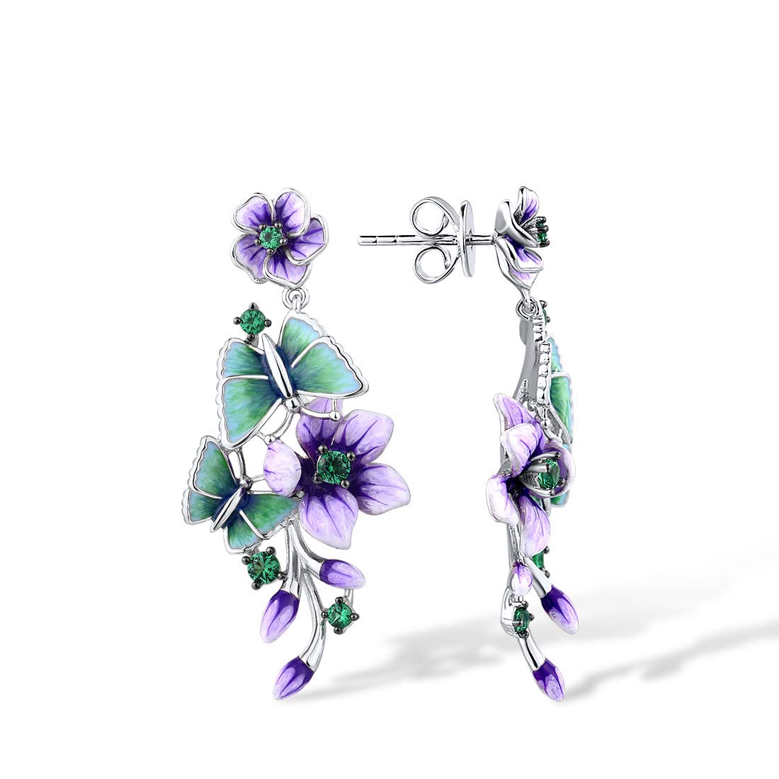 Santuzza 925 Sterling Silver Gemstone Enamel Flower Earrings for Women - Elegant Floral Dangle Earrings for Party, Wedding & Everyday Wear