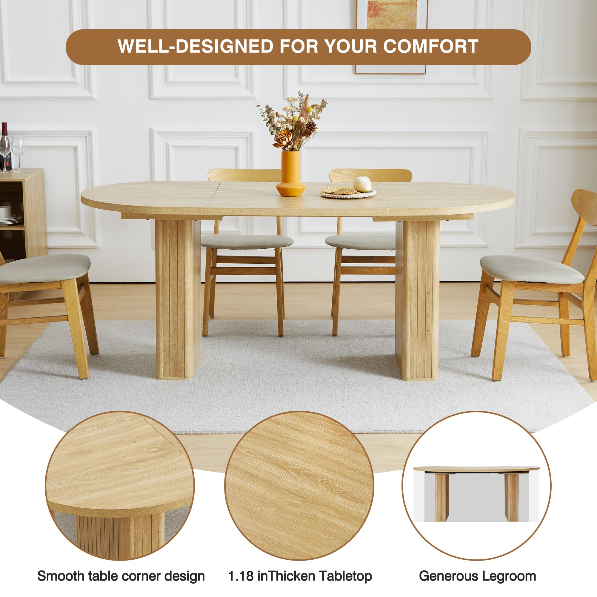 70.8 Inch Oval Dining Table for 4-6 People, Modern Farmhouse Kitchen Table with Wood Strip Base, Large Round Dining Room Table for Kitchen & Living Room - Natural Wood Finish | Perfect for Family Gatherings, Dinner Parties & Small Space Dining Areas